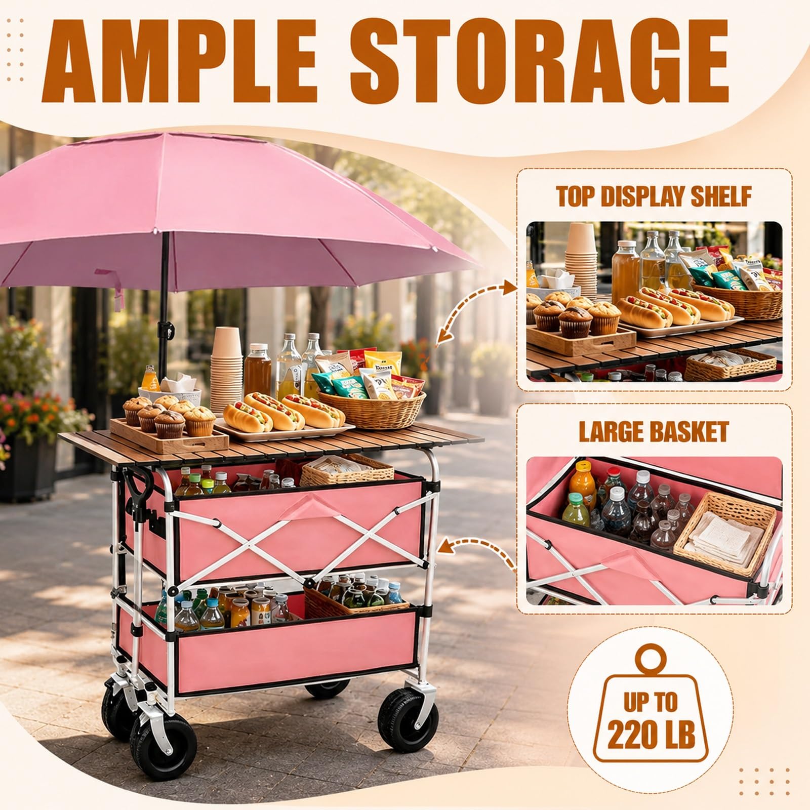 HARELA Genérico Puesto de Mercado con Toldo, Móvil de Venta Ambulante de Comida,Amplia encimera, Ruedas en la Parte Inferior para Puestos Callejeros, Ferias De Artesanía(Black)