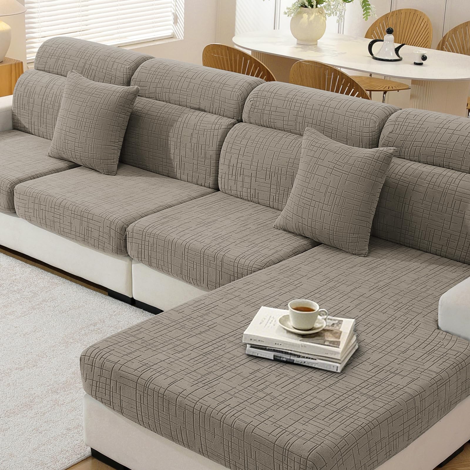 YSTELLAA Elastic Sofa Seat Cover, Non-Slip Sofa Cushion Cover, Adjustable Cushion Covers, Universal Separate Cushion Covers (1 Seat x 2 + Chaise Longue, Khaki) Global Recycled Standard Global Recycled Standard Global Recycled Standard
