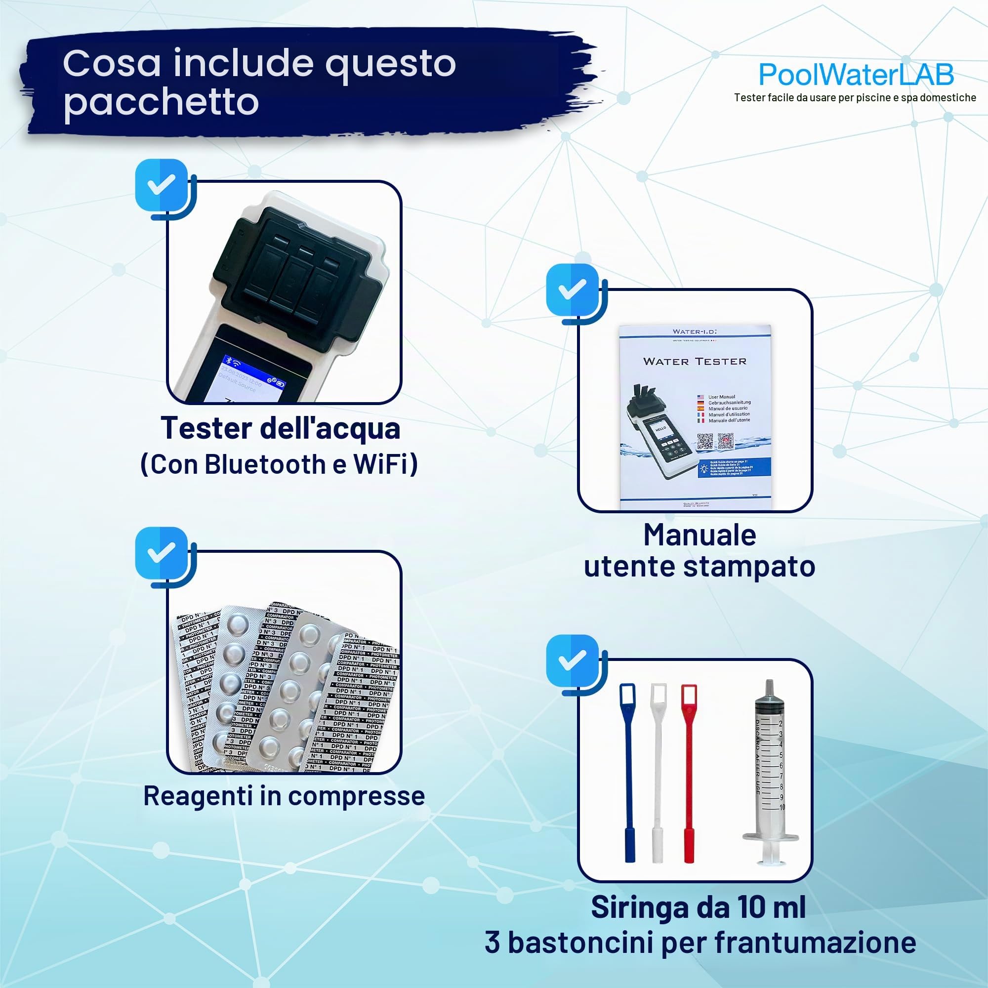 PoolLAB 2.0 - Edizione Speciale Tester per l'Acqua Analizza 27 Parametri dell'Acqua - Fotometro Elettronico per Test dell'Acqua - Analisi Completa e Professionale per Piscine e Idromassaggi - con 70