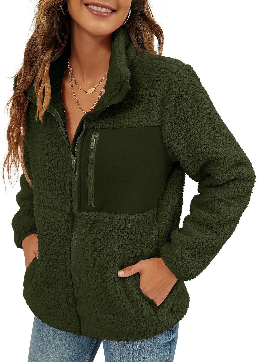 VVK Women's Fashion Faux Shearling Shaggy Full Zip Coats Warm Winter Patchwork Jackets with Pocket