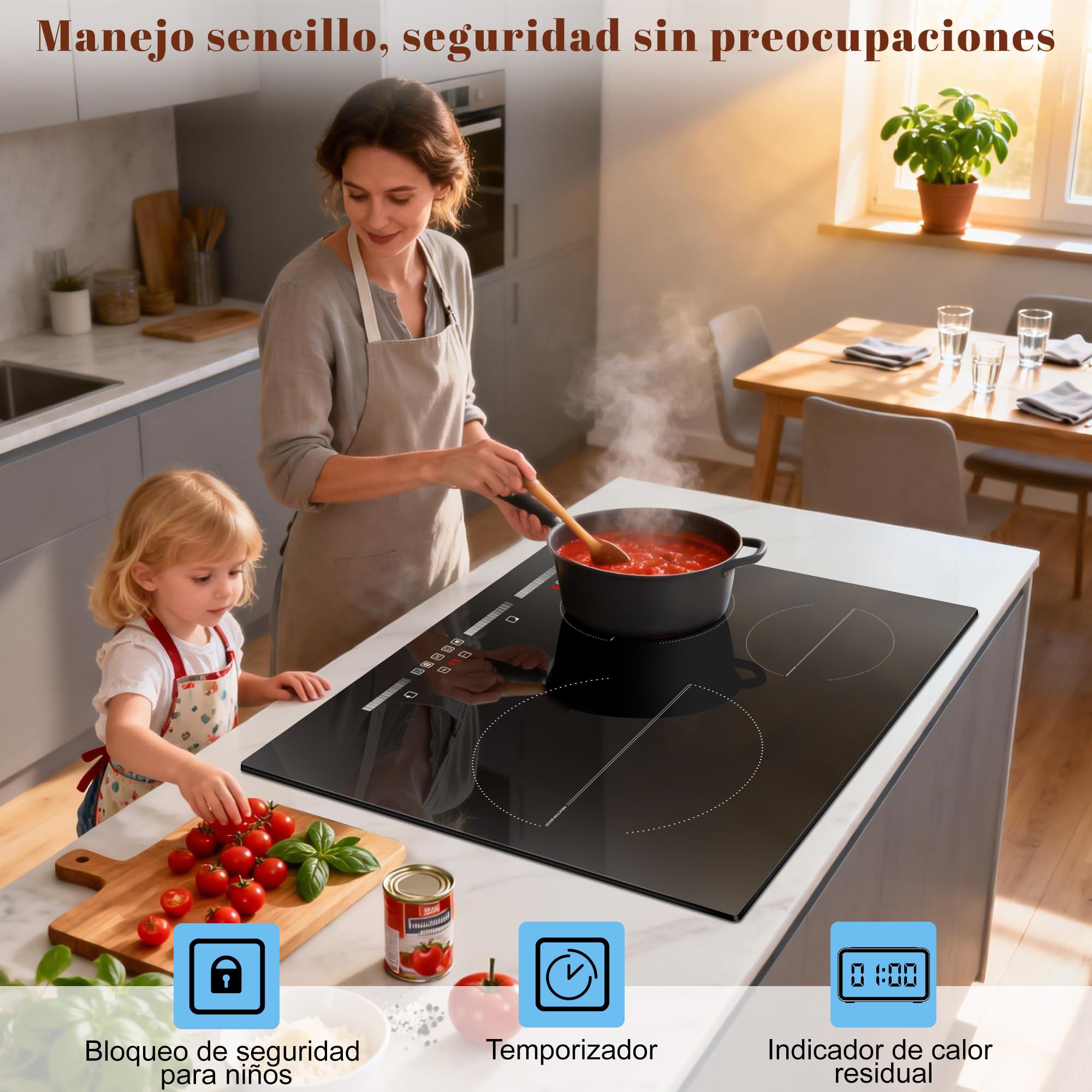 Placa de Inducción 3 Fuegos, Cocina de Inducción Empotrable, 60 cm, 6500W | Control Táctil, Seguridad Infantil, Potenciador, 9 Niveles de Calor, Temporizador