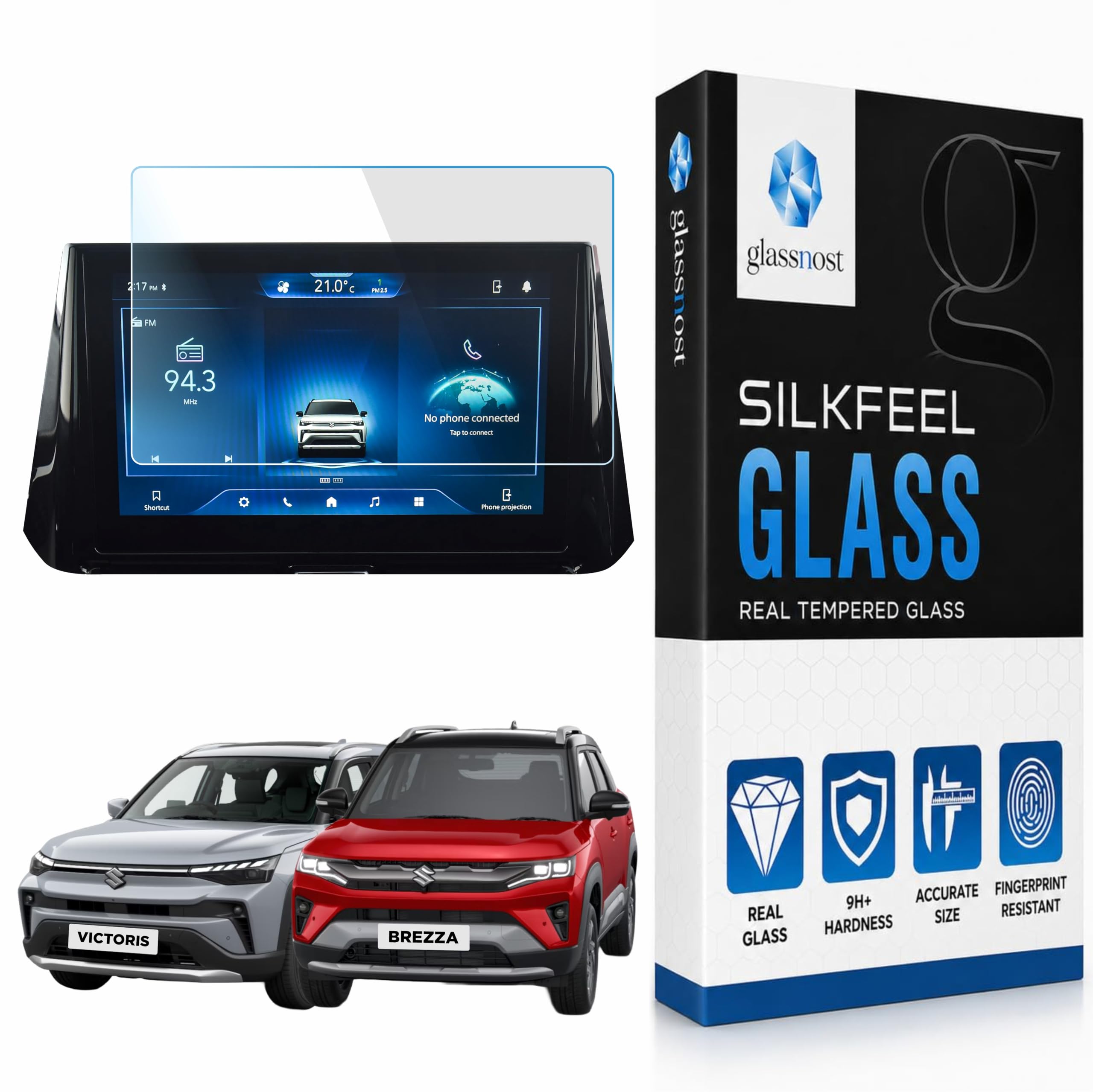 tempered glass for maruti suzuki brezza & victoris 2026 facelift || zxi+ & zxi+(o) || 10.1 inch infotainment || universal high definition screen guard || anti scratch || water resistant || 9h hardness || bubble free installation || robust protector for marutisuzuki | car radio | carplay protective accessory 2026+ [real glass. not plastic]