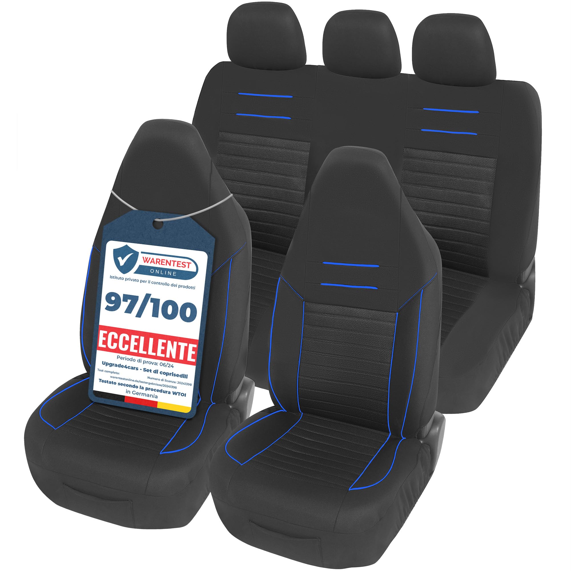 Upgrade4cars Coprisedili Auto Universale con Poggiatesta Integrato Nero Blu | Set Copri-sedile Universali per Anteriori e Posteriori Poggia-testa non Rimovibili/Fissi