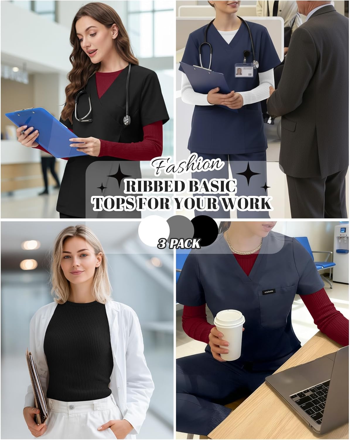 3 Pack Women's Ribbed Knit Underscrub Shirts, Cotton Long Sleeve Scrub Undershirt Crewneck Top Basic Tee for Nurse - Image 2