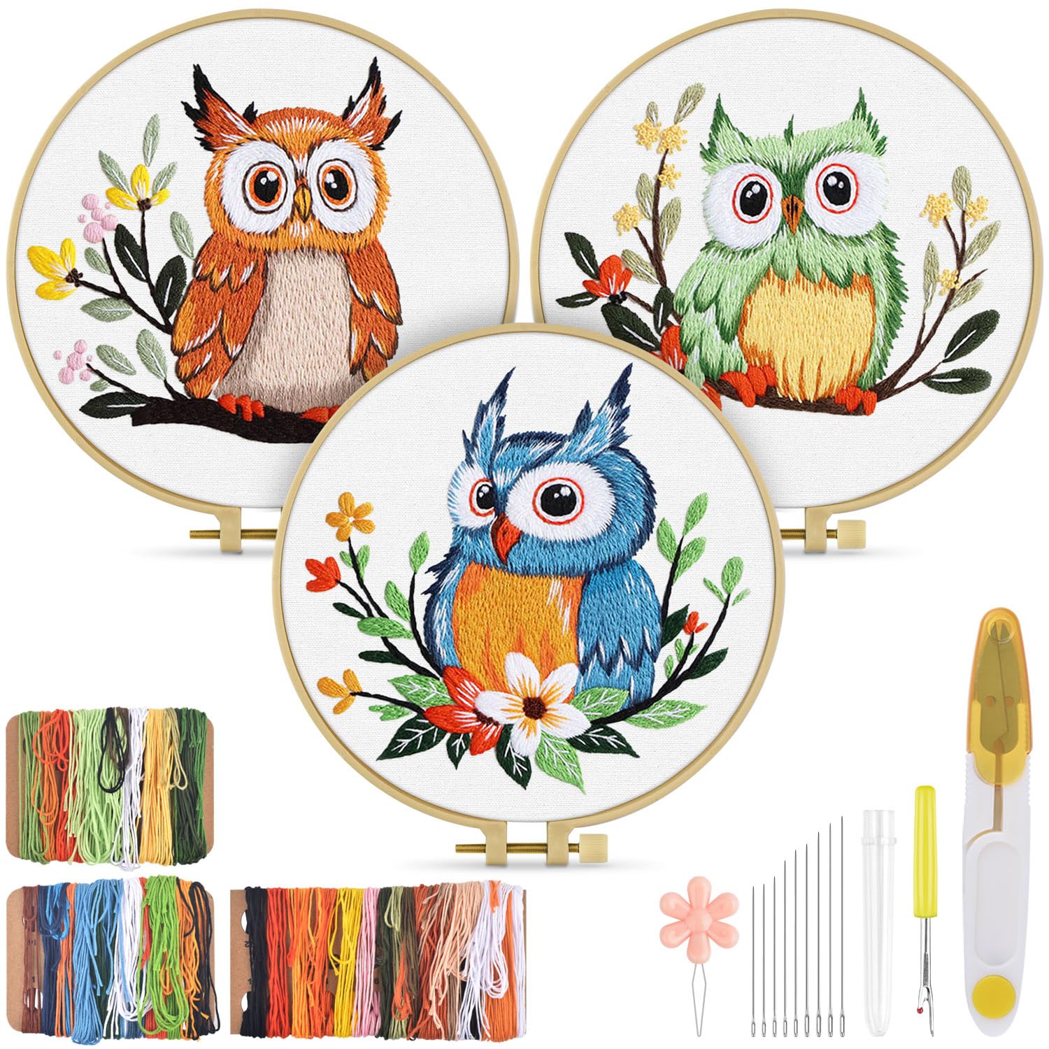 TINDTOP Embroidery Kit for Adults, Owl Embroidery Practice Kit for Adult Beginners Include Embroidery Cloth Hoops Threads for Craft Lover Hand Stitch