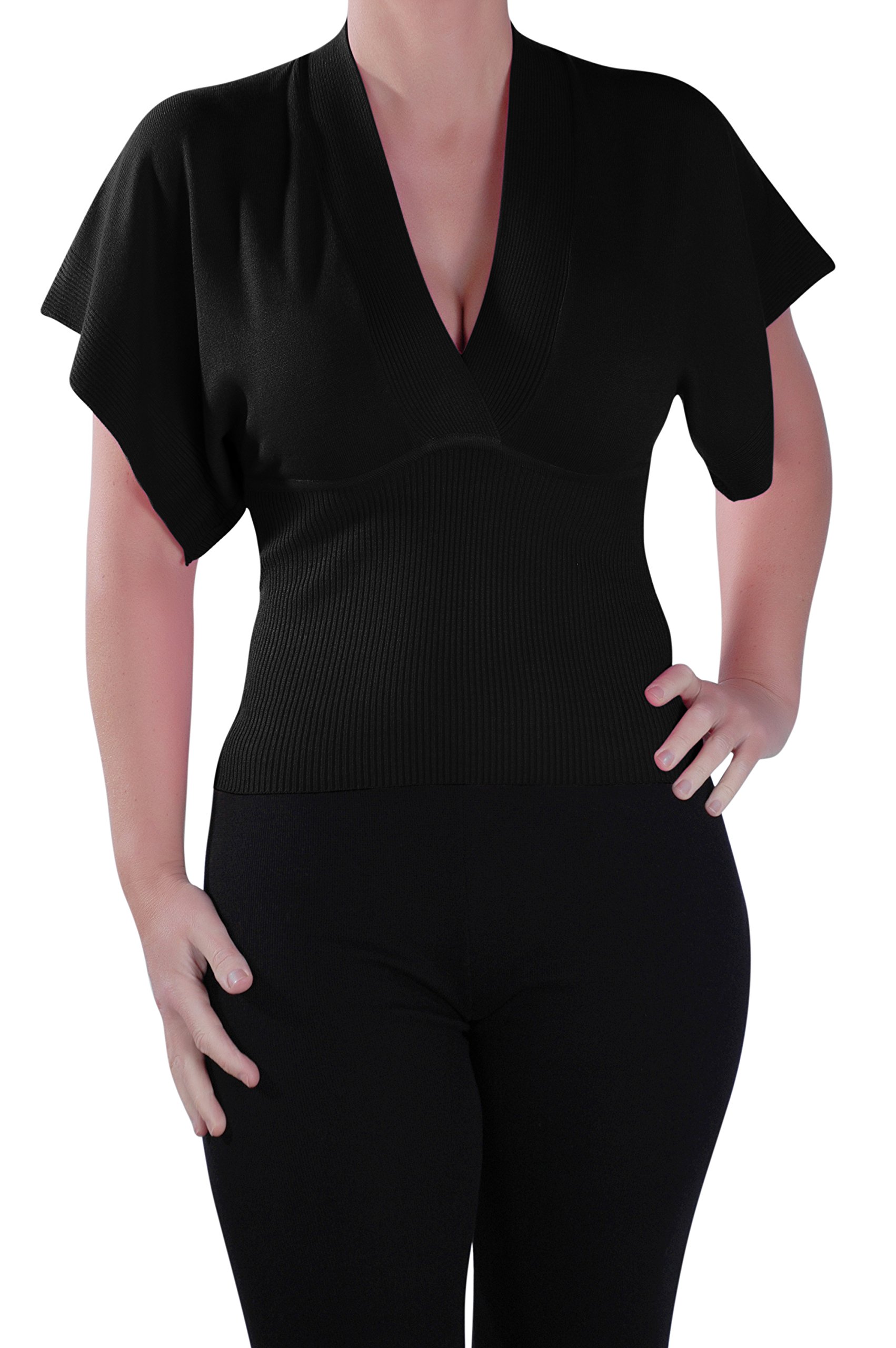 Eye Catch - Clare Womens V Neck Fine Knit Stretch Short Jumper Ladies Pullover One Size Black