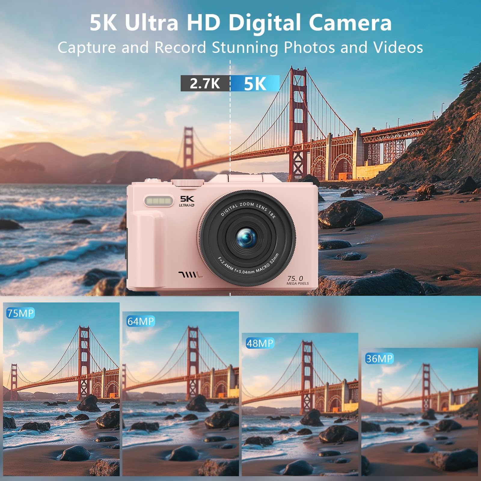 Amazon.co.jp: 写真&ビデオ用5Kデジタルカメラ– WiFi付き75MP UHD Vlog