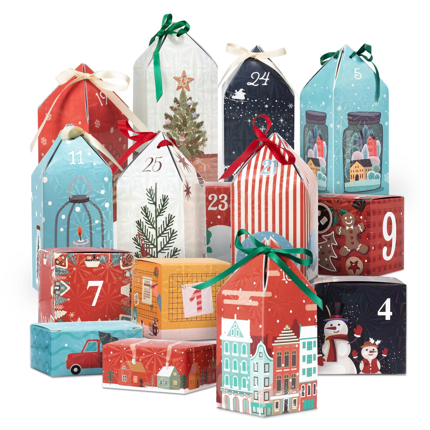 DIY Christmas Advent Calendar Boxes to Fill, 25 Numbered Empty Advent Calendar Houses Boxes, 2025 Countdown Advent Calendars Surprise Gift Boxes for Kids Family Friends, XMAS Holiday Decor -25 Designs