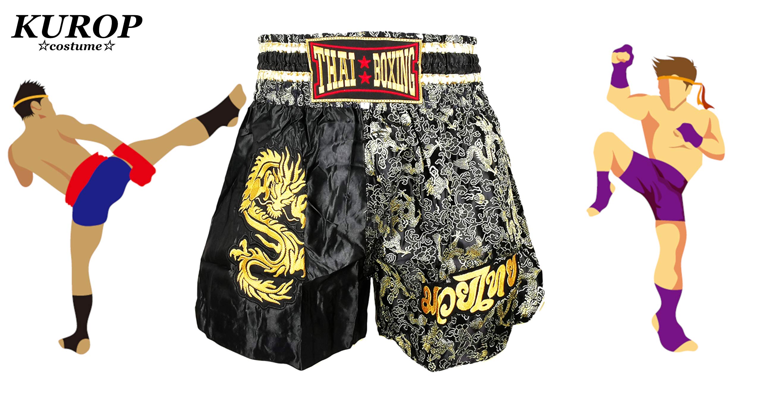 Kurop - Pantalones cortos de boxeo para Muay Thai - Negro - X-Large