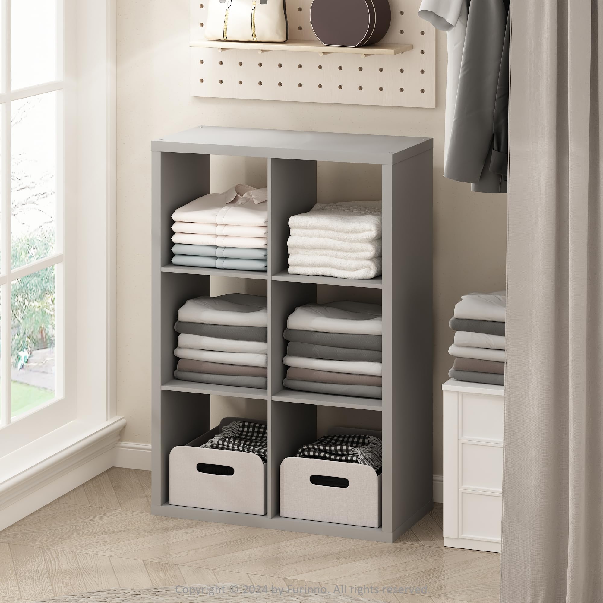 Furinno CUBIC Closet Organizers and Storage, 6-Cube Closet Organizer, Open Shelf Closet Storage, Extra Thick Frame for Wardrobe, Bedroom, Living Room, Light Grey
