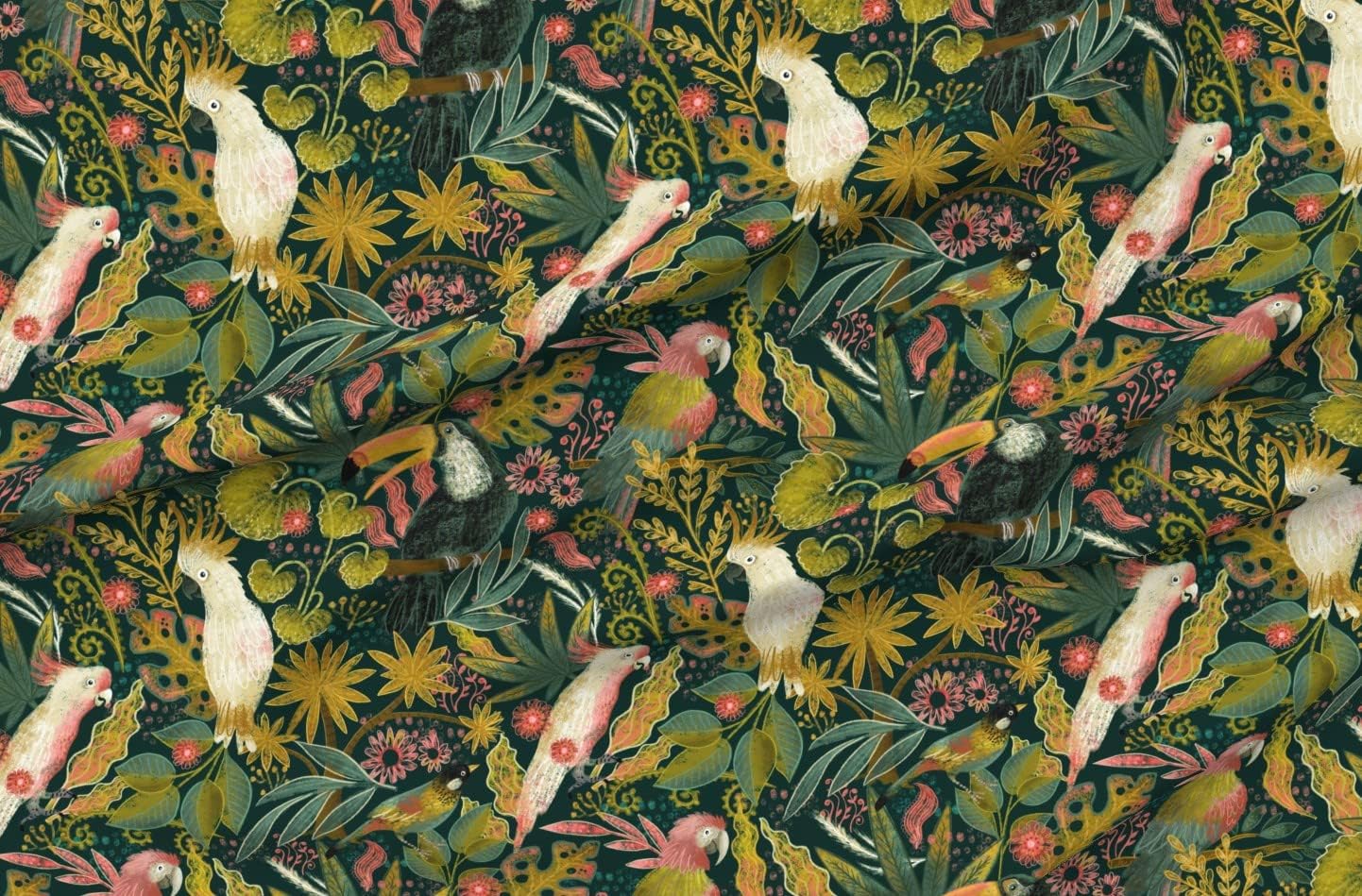 Spoonflower Fabric - Birds Palm Trees Flowers Rain Forest Tucan Cockatoo Tropical Printed on Organic Cotton Sateen Fabric by The Yard - Sewing Quilting Apparel Home Decor