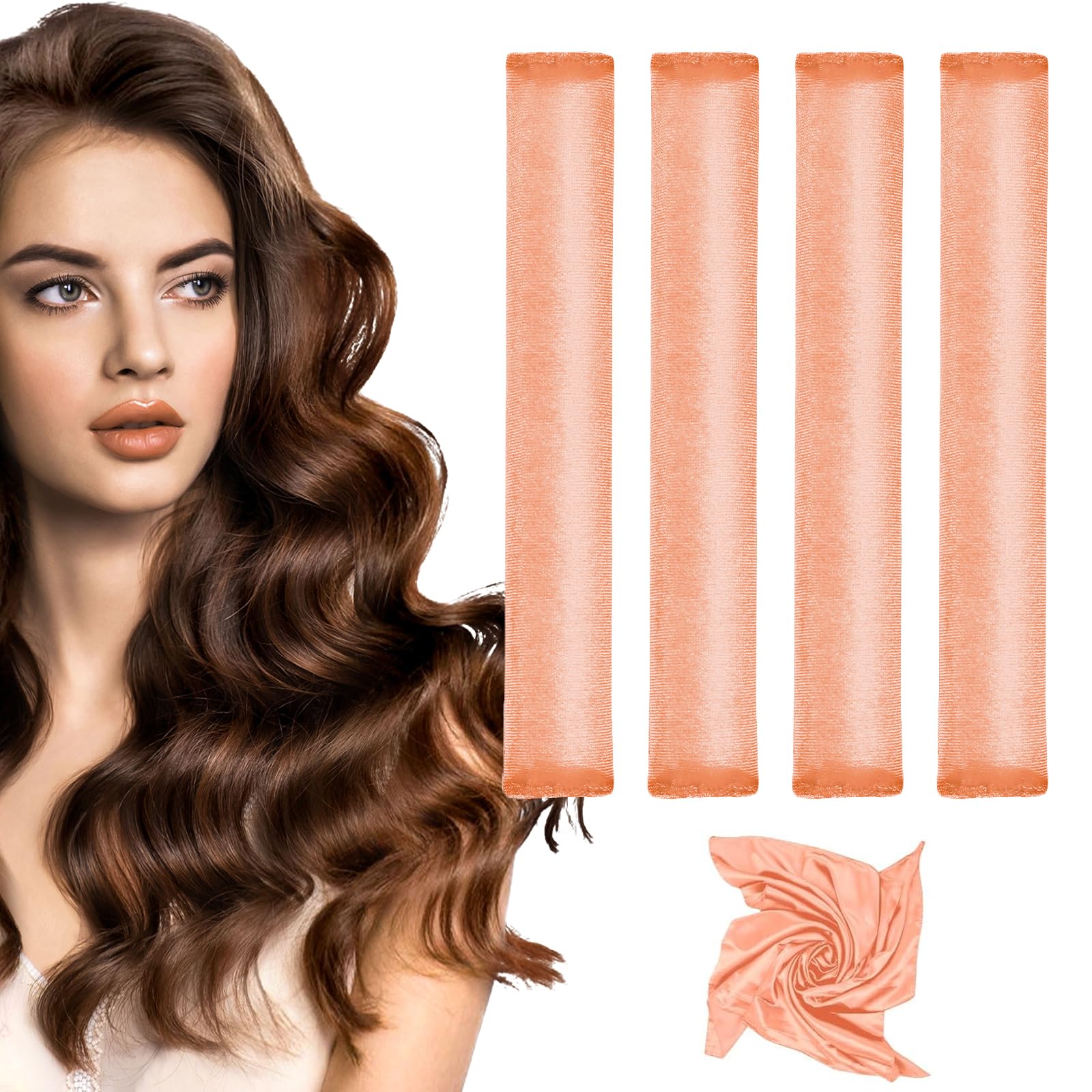 Heatless Curlers, No Heat Hair Curlers to Sleep In for Overnight Curls, Comfortable Hair Curlers to Sleep In, Overnight Heatless Curling Kit with Satin Headscarf, For All Hair Types - 4Pcs Orange