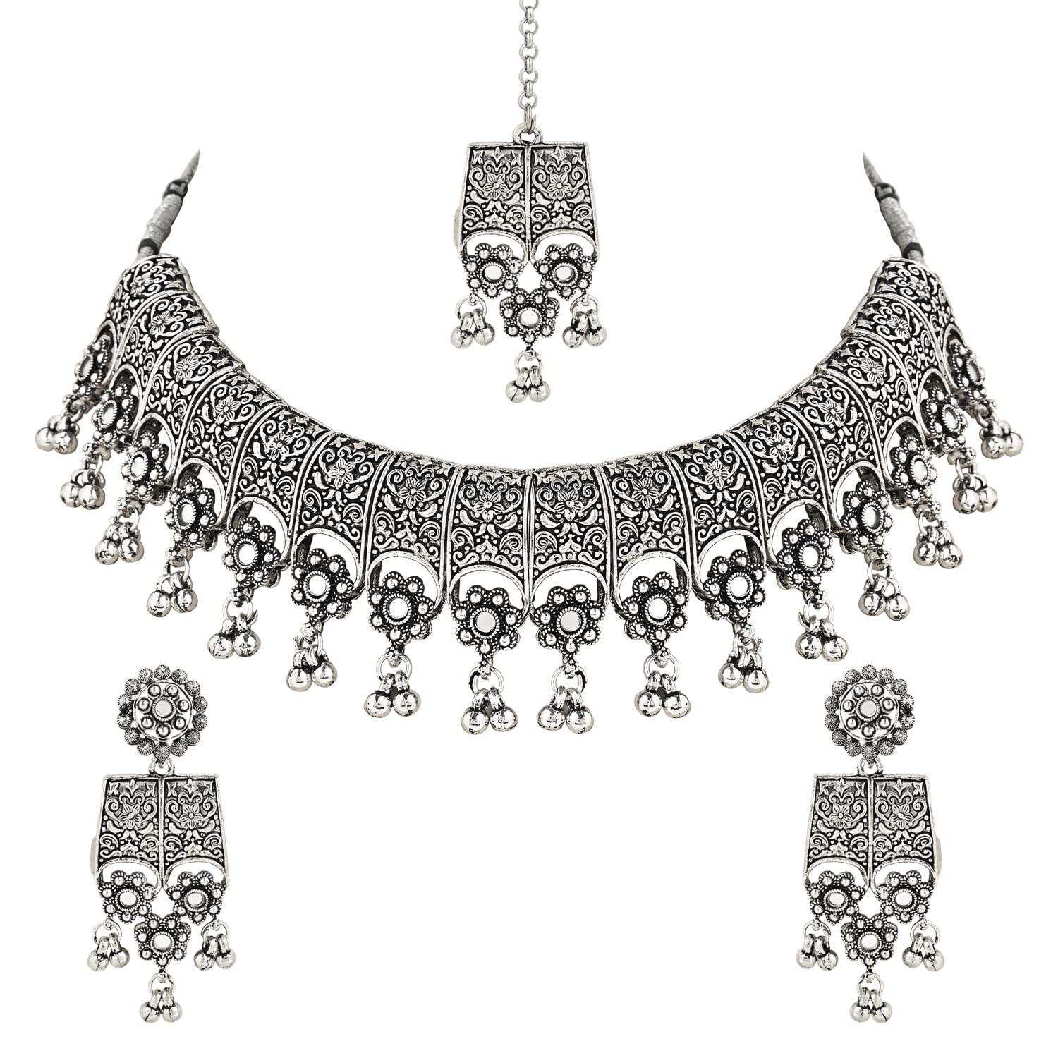 i jewels Navratri Ethnic Silver Oxidized Traditional Afghani Choker Necklace Jewellery Set for Women (MC143OX)-picture-33