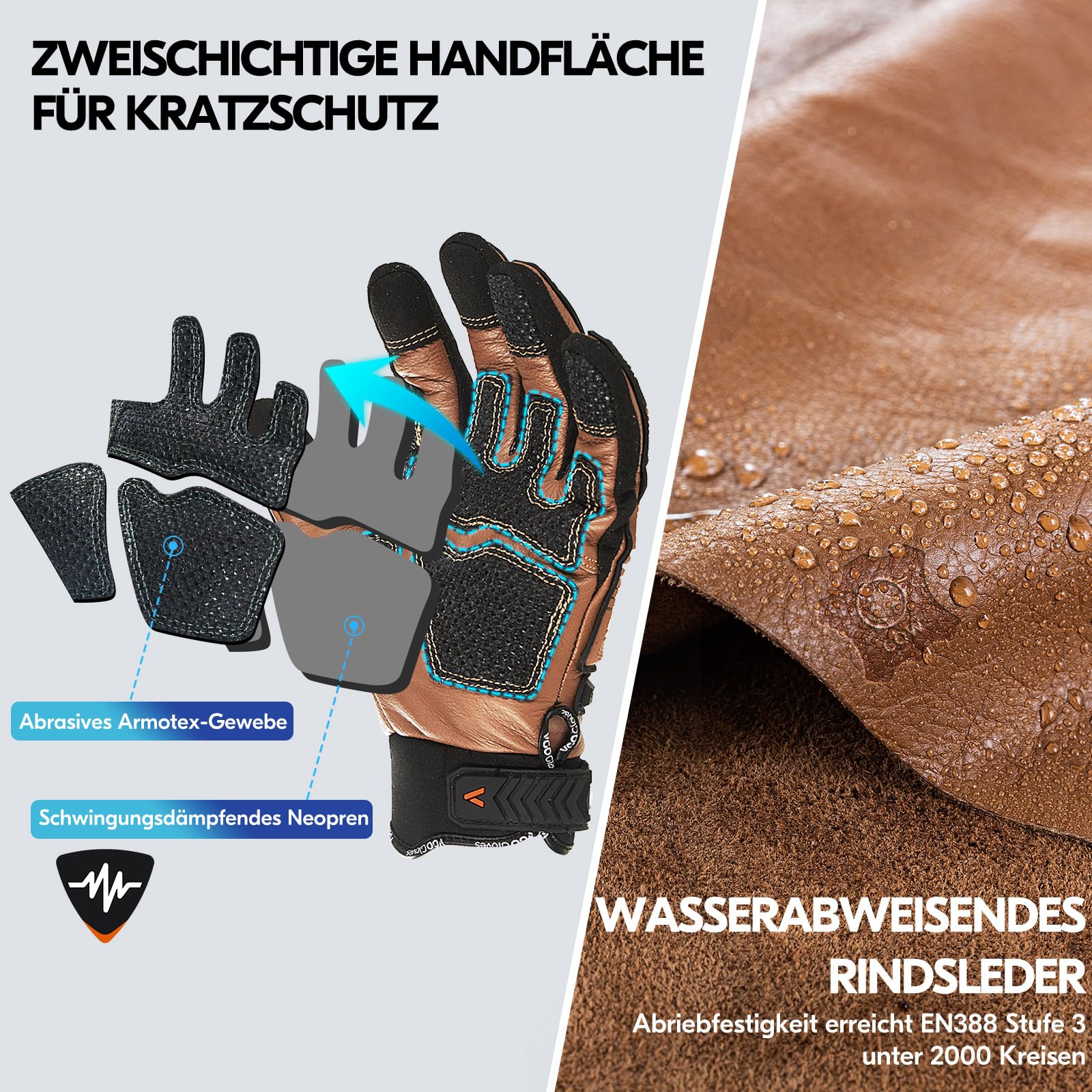 Vgo... 1 Paar Schnittfeste Handschuhe, Sicherheitsleder-Arbeitshandschuhe, Mechaniker-Handschuhe, HPPE Anti-Schnitt-Innenfutter, EN388 Level C, ANSI-Stufe A3(CA7722CT)