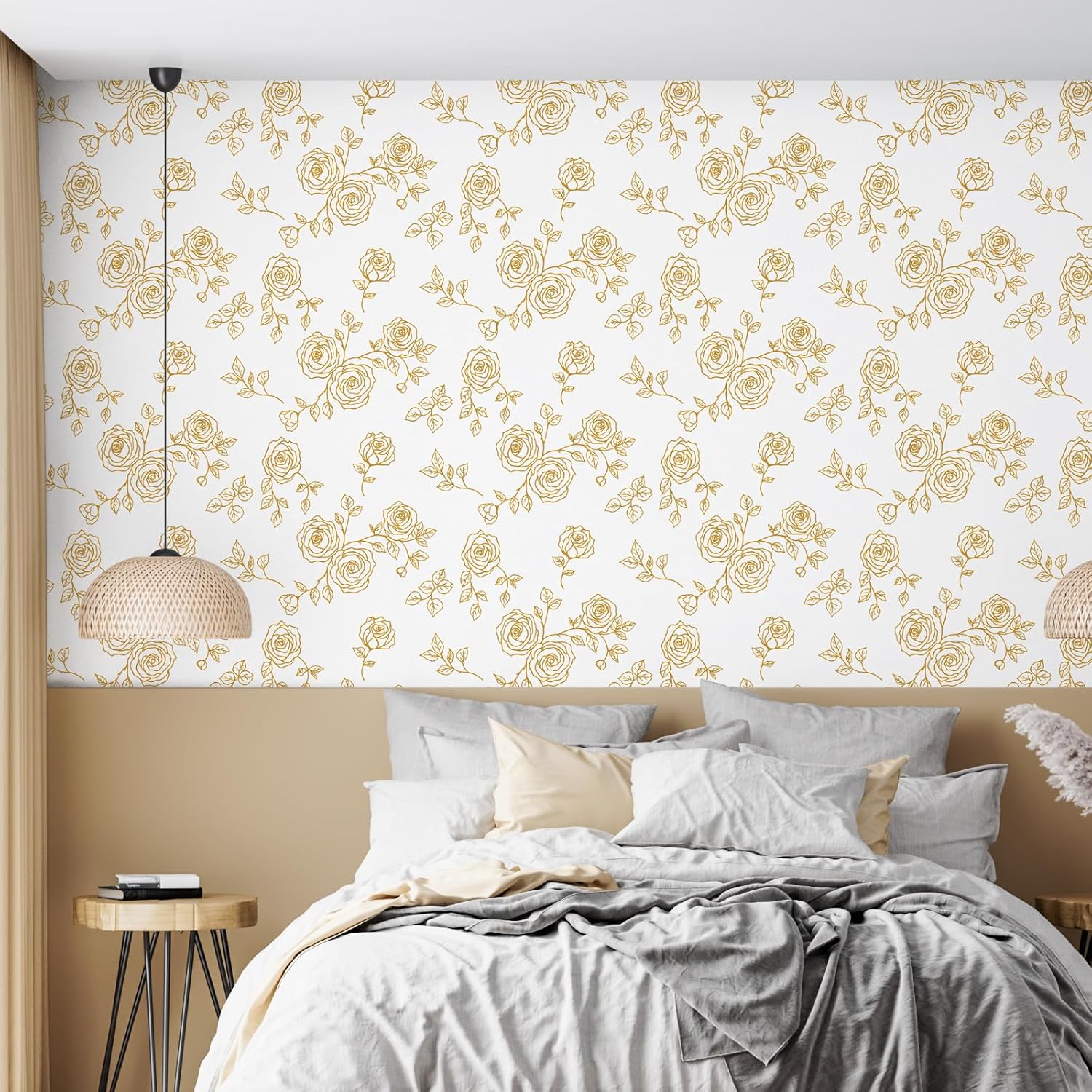 Amiya Gold and White Floral Wallpaper Peel and Stick Retro Wallpaper Boho Removable Contact Paperv A Set of17.3" X 1200" Self Adhesive Wall Paper Decorative WallsBedrooms,Cabinets Decal Vinyl Roll