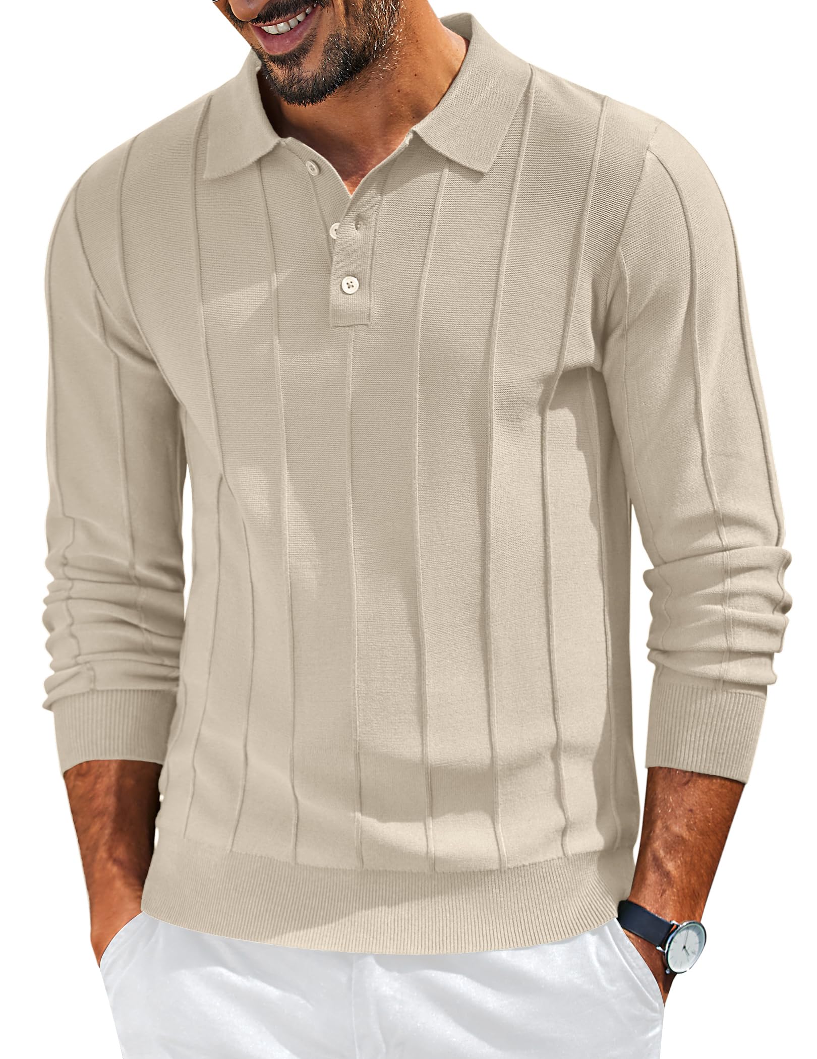 COOFANDY Mens Knit Long Sleeve Polo Sweater Business Casual Collared Golf Sweaters Ribbed Textured Activewear Polos