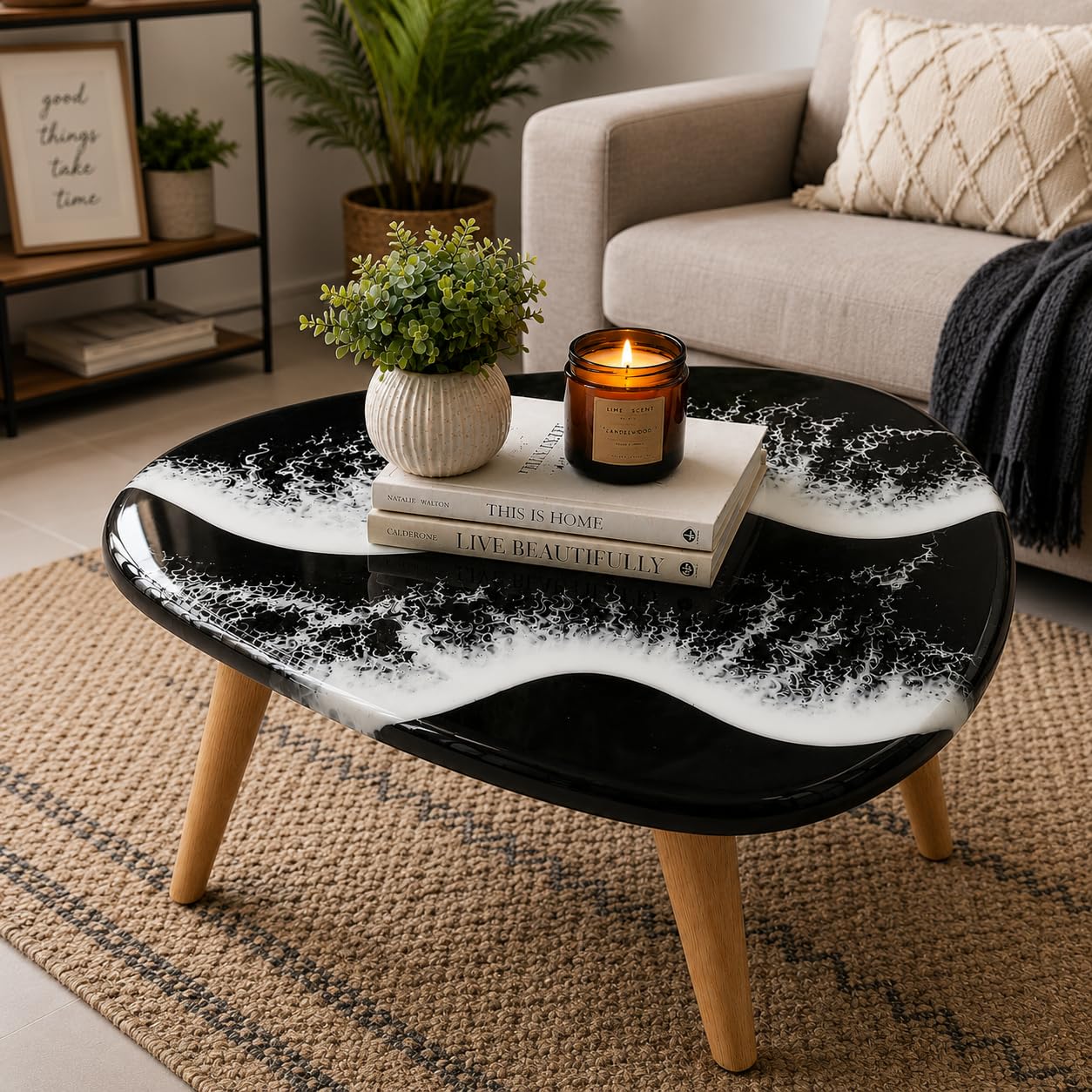 black ocean wave wooden coffee table | epoxy resin high gloss finish | foldable wooden legs | easy assembly | side table, center table & living room accent table (24 x 18 in)
