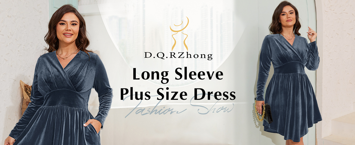 D.Q.RZhong Women's Plus Size V Neck Velvet Dress Long Sleeve Wrap