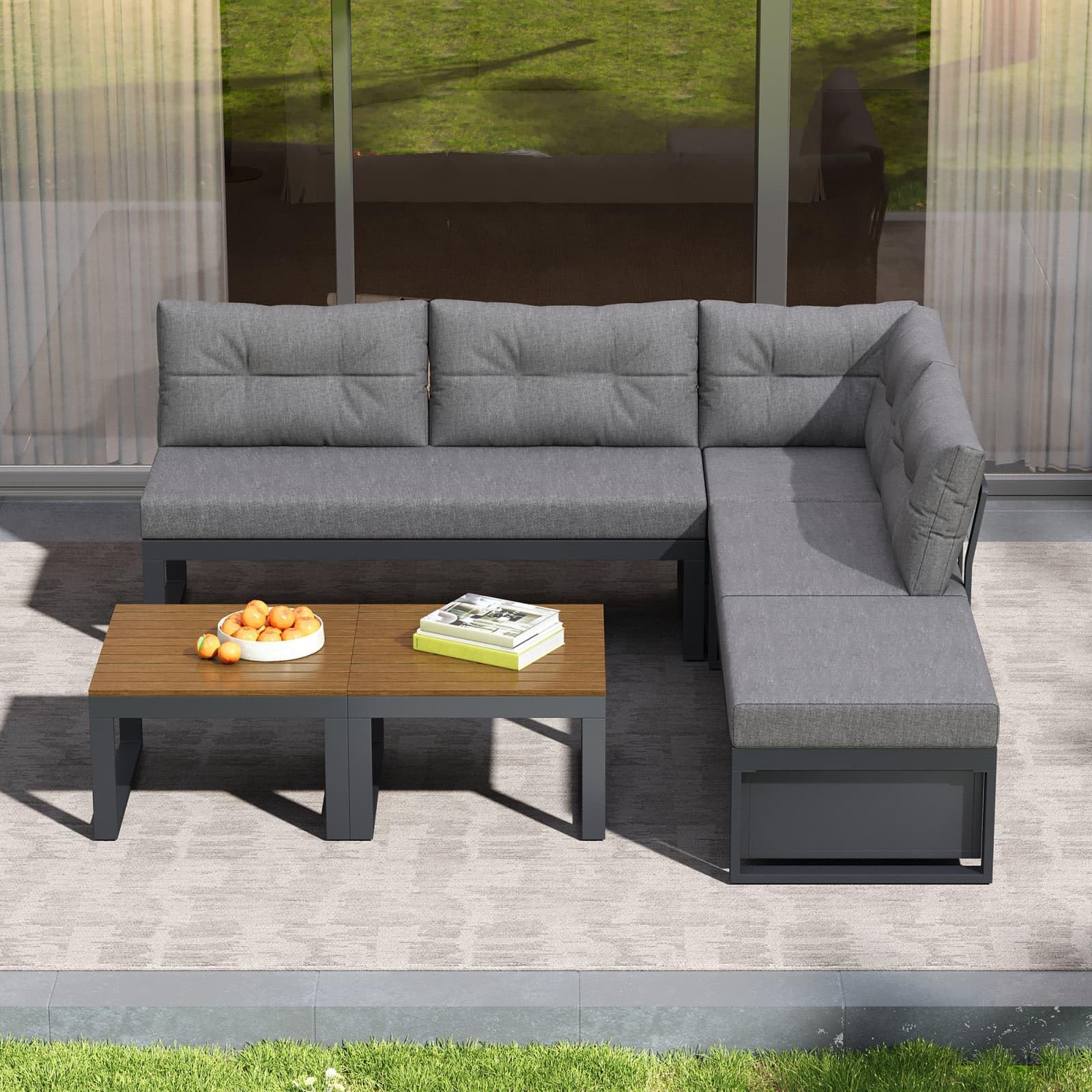 KOMHTOM Ensemble Salon de Jardin Extérieur Modulable – Canapé d'angle avec Tables Basses, Dossier Inclinable pour Terrasse, Balcon et Patio (Gris-B)