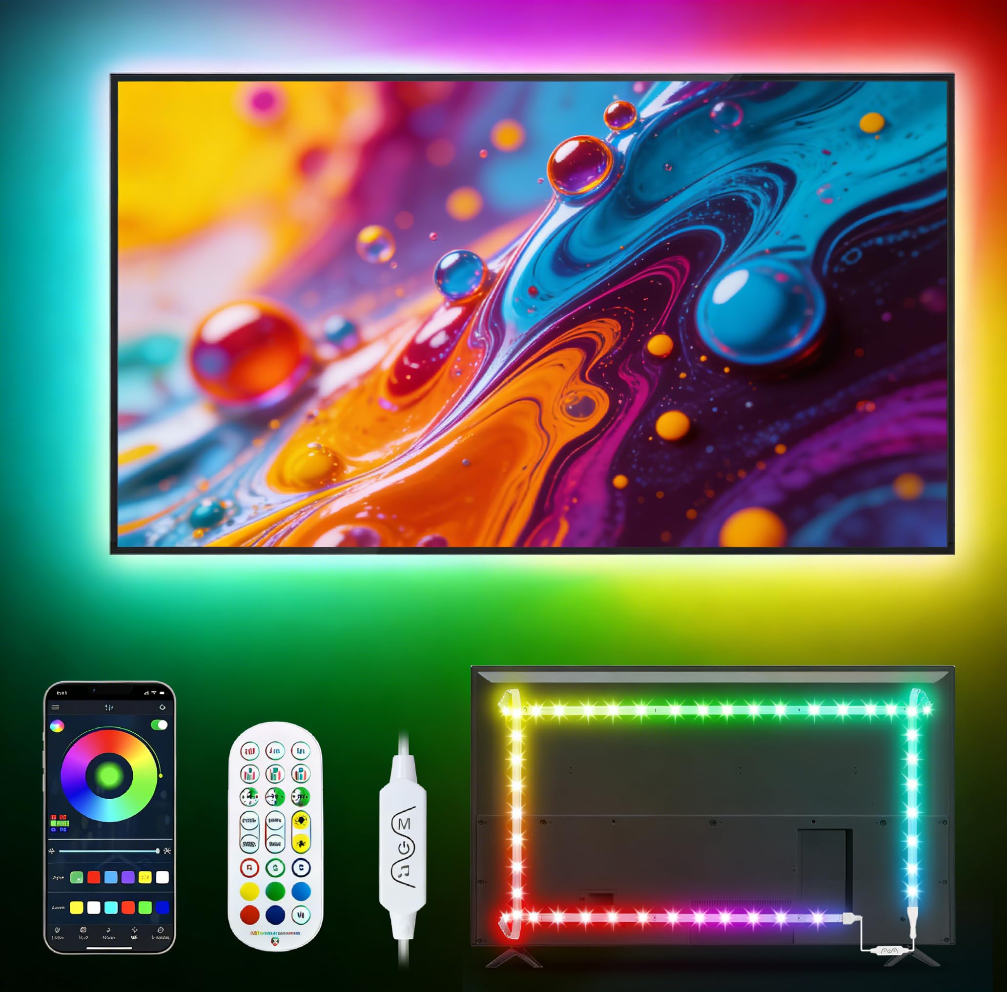 Daymeet Rainbow Tv Led Lights, 5M Led Lights For Tv With Remote Rgb Led Lighting For 55-85Inch Monitor, Usb Powered Light Behind, 5050 Backlight Sync With Music, Bluetooth App Control