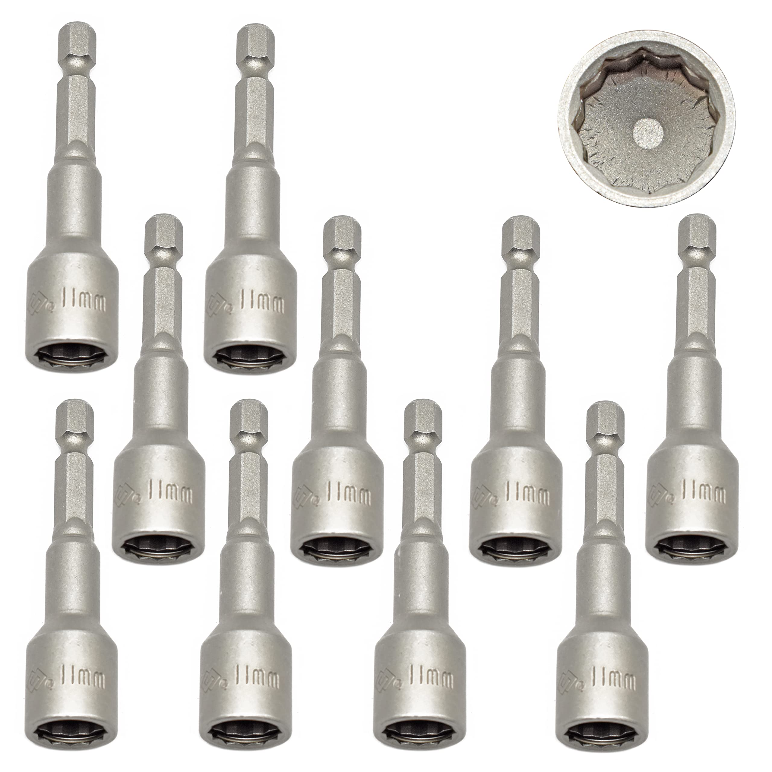 Pack of 10 x 11mm Bi-Hex Socket - 65mm Long 1/4" Hexagon Drive for Power Drill