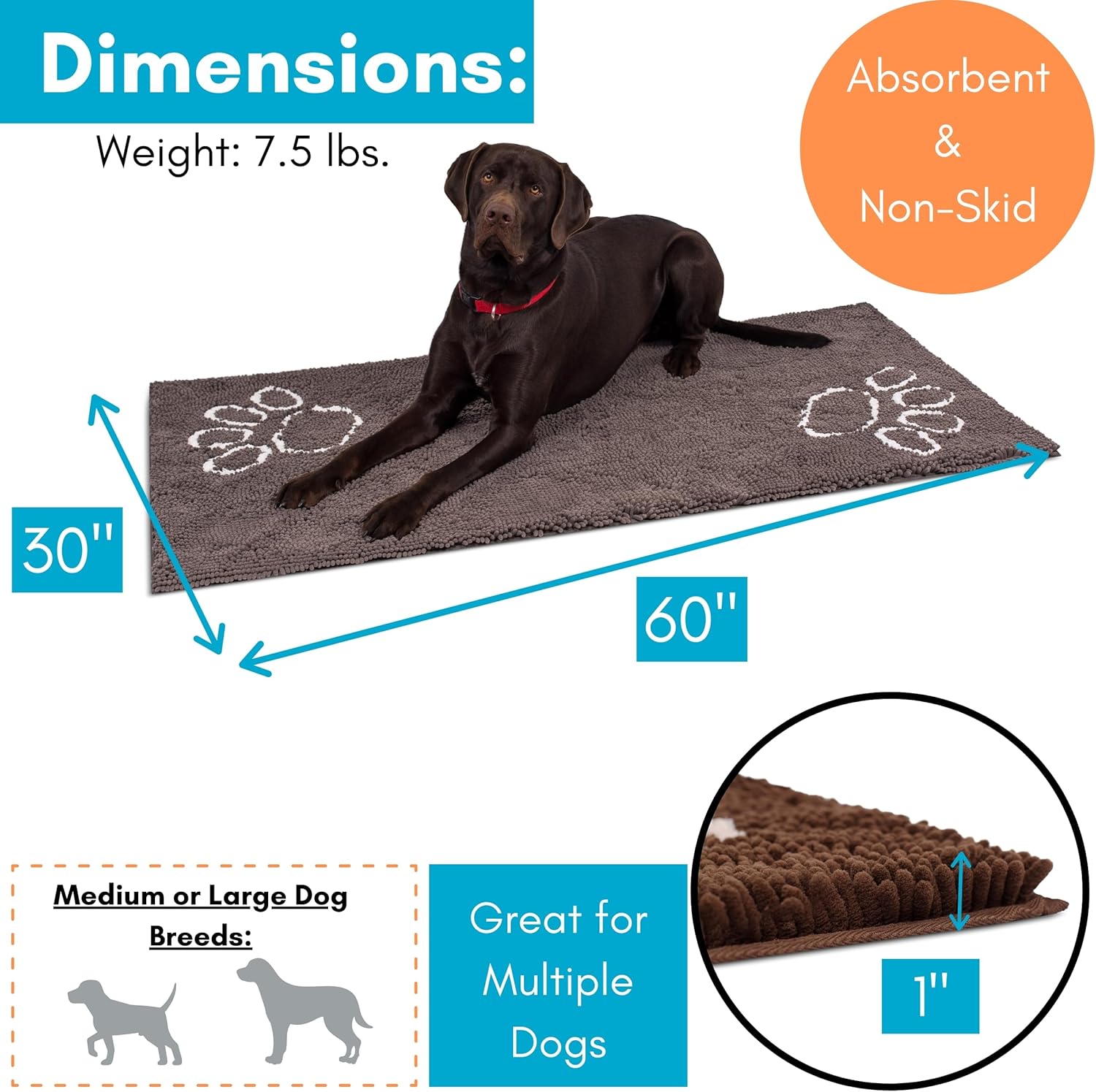 review BIRDROCK Home Chenille Dog Doormat - Absorbent Surface to Keep Floors Clean, Non-Skid Bottom for Safety, Ultra-Soft & Durable, Ideal for Pets, Protects Floors from Dirt - 60 x 30, Grey