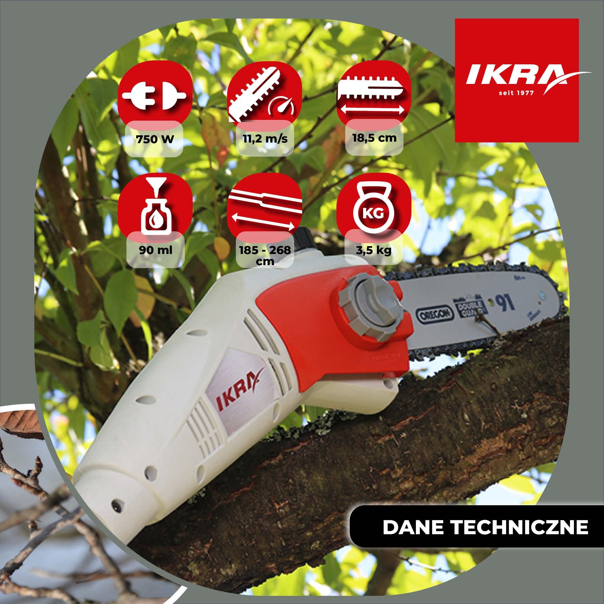 IKRA pilarka łańcuchowa teleskopowa elektryczny IEAS 750, długość cięcia 185 mm, wysokość robocza 4 m, z paskiem na ramię, pilnikiem i osłoną ochronną