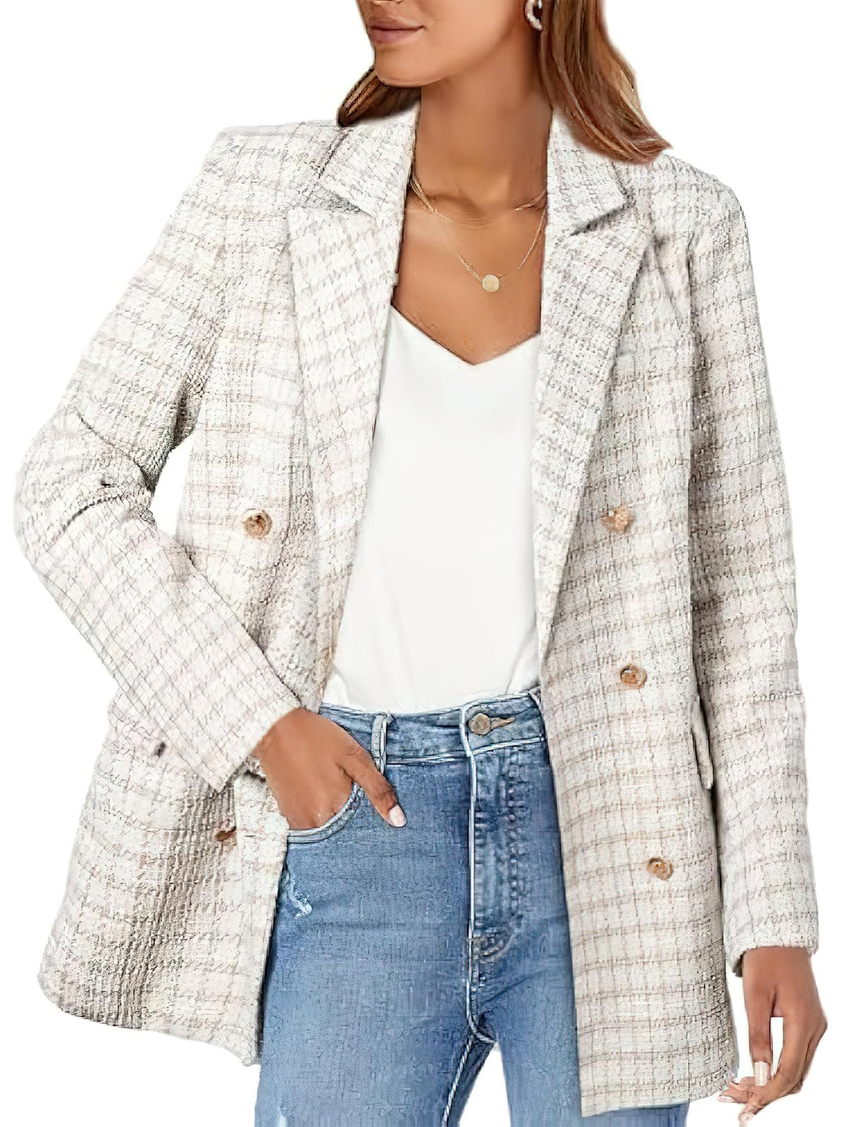 ebossy Womens Double Breasted Houndstooth Plaid Tweed Blazer Jacket Chic Notched Lapel Slim Office Coat Suits