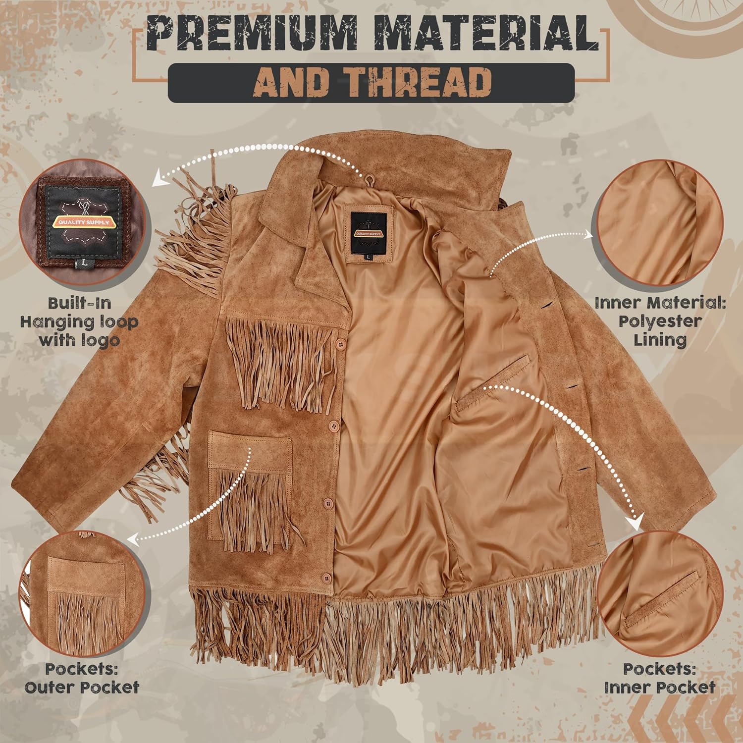 Traditional Western Cowboy Jackets for Men | Native American Suede leather Overcoat with Fringes - Brown - Image 3