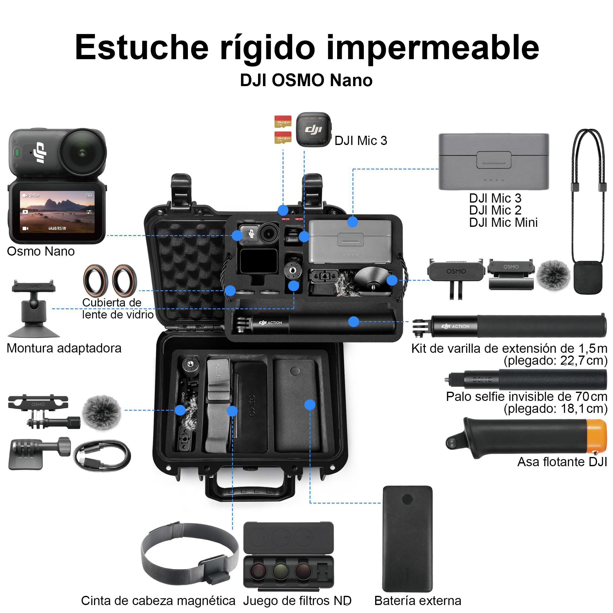 LEKUFEE Estuche Rígido Portátil Impermeable para dji Osmo Nano, Pack estándar (64GB / 128GB) - Cámara para Vlogs, dji Mic 3/2/Mini, más Accesorios (Solo Estuche)
