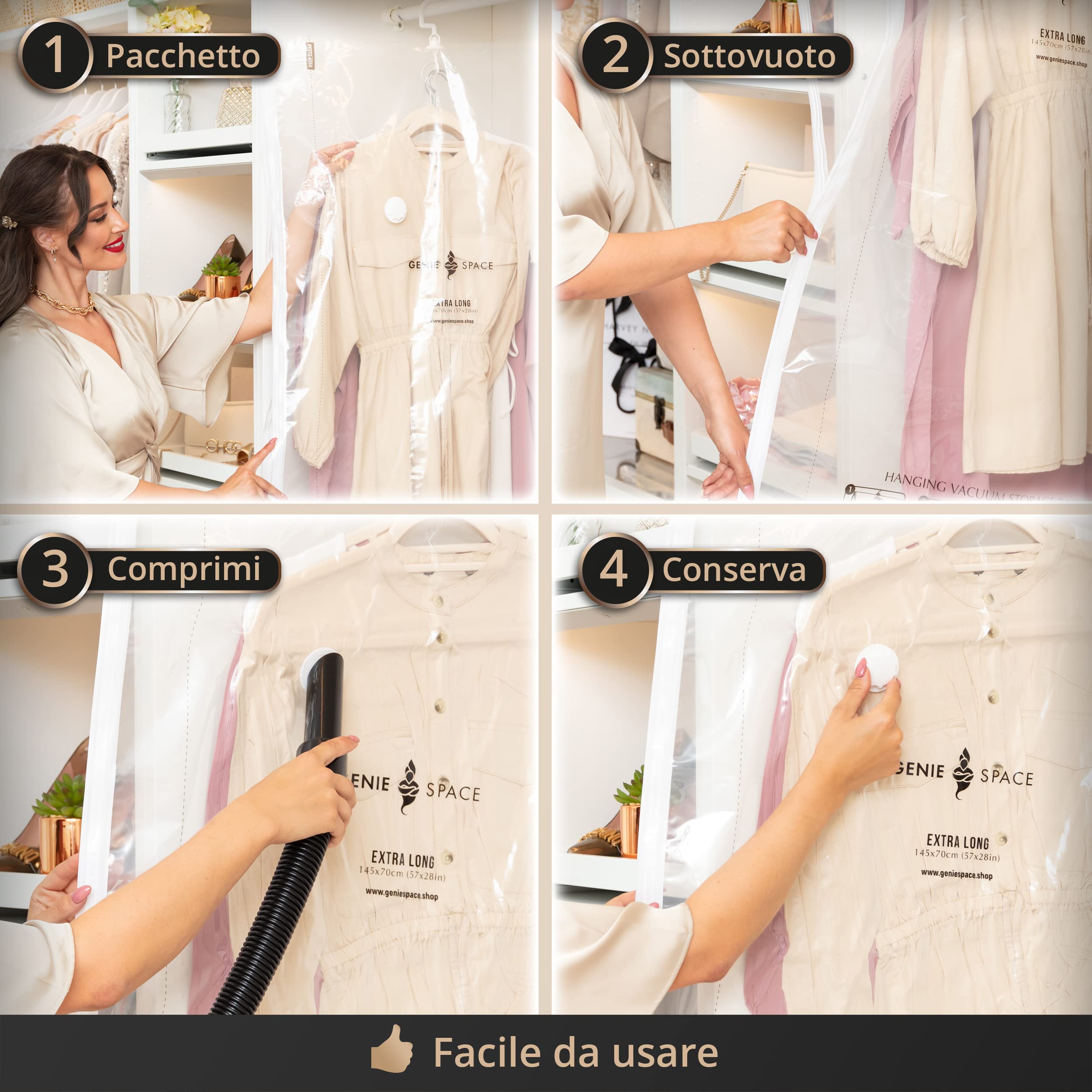GENIE SPACE Sacchetti Sottovuoto Appendibili Premium per Abiti, Giacche e Cappotti, REGULAR 105×70 cm (5 Pezzi) con Pompa da Viaggio – Riutilizzabili, Ermetici e Anti-odore per Guardaroba e Armadi