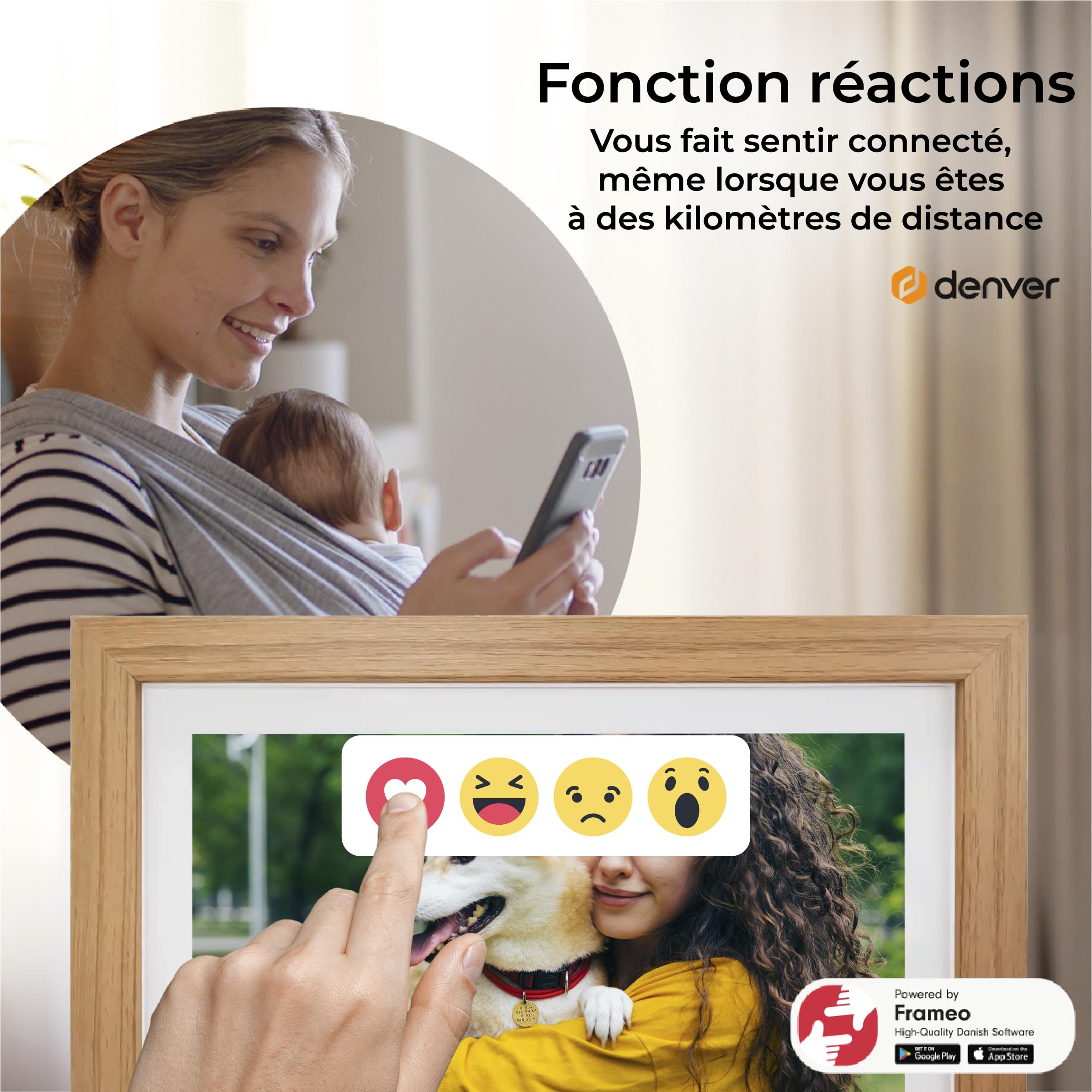 Denver PFF-1042LW Cadre Photo numérique Wi-FI FRAMEO 10,1 Pouces, écran Tactile IPS 1280 x 800, mémoire 16 Go, Application iOS/Android, Bois Clair
