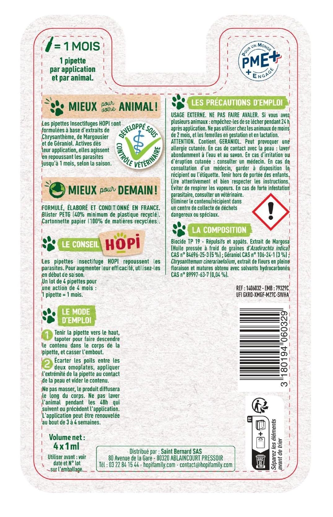 HOPI Pipette Anti Puces Chat de 3 à 6 kg - 4 Mois de Protection Contre Les Puces, Les Tiques et Les Moustiques - Extraits de Plantes - Pratique et Facile - Fabriqué en France