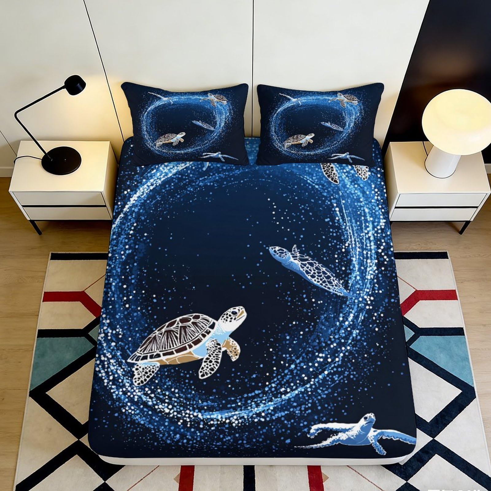 3D Printed Ocean Turtle Fitted Sheet Microfiber Anti-Slip Soft Blue Sea Mattress Cover for Bedroom Dorm Decor 160x200x25cm