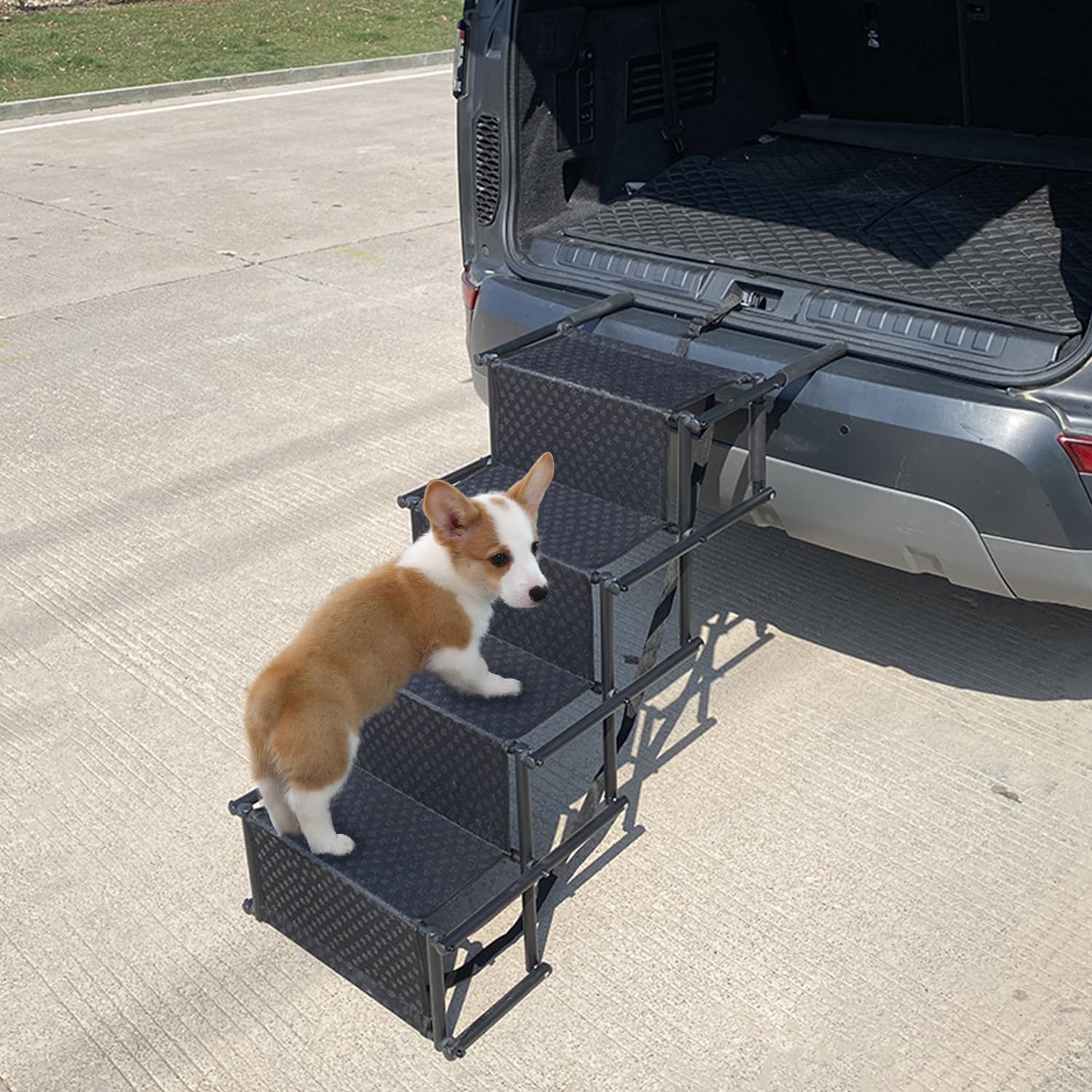 Ccarzzi Black Folding Dog Steps 4-Step Dog Ramps For Car, Portable Pet Ladder Ramp Non-Slip, Waterproof, 80Kg Capacity