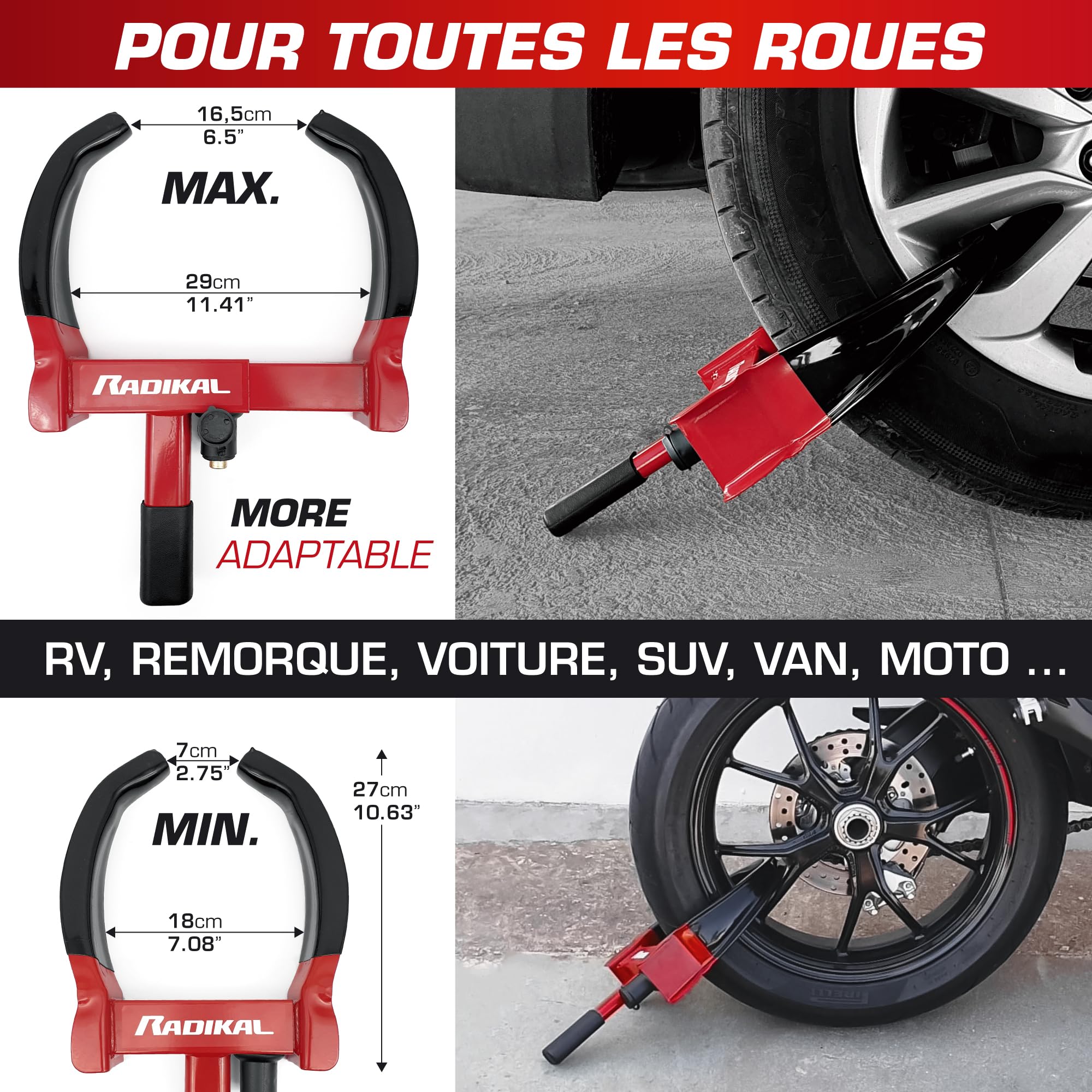 RADIKAL RK1001 Antivol Voiture Sabot Roue Premium, Antivol Remorque Bloque Roue, Serrure Anti-Perçage, Robuste Griffe de Pneu Sécurité Antidémarrage, Réglable 18-29 Universel Auto Camping Car Caravane