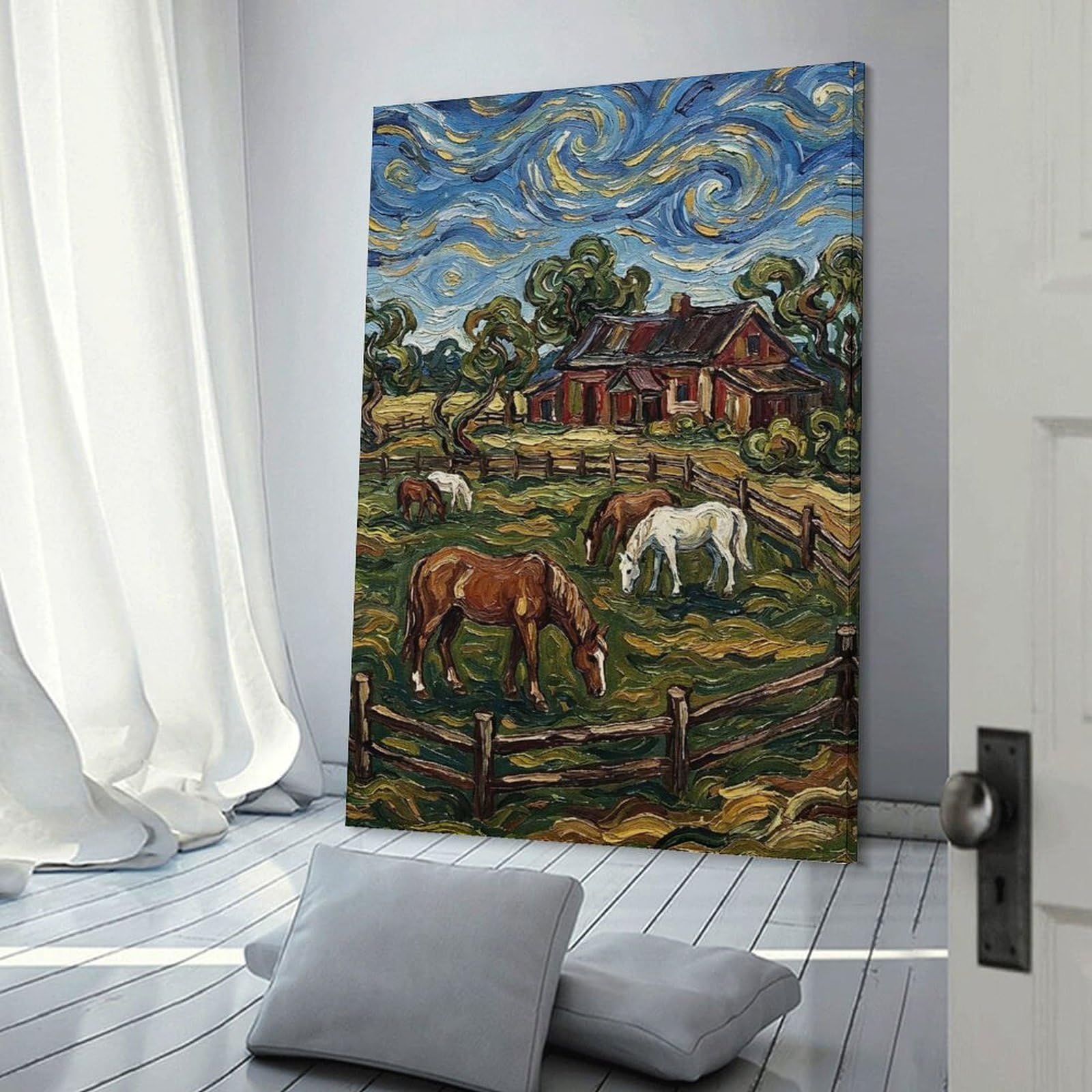 Junmoney Horses Grazing Near Farmhouse Painting Room Decor Wall Art, 24x36inch(60x90cm), for Office, Study Or Home Workspace, Decorative Artwork for Productive Spaces
