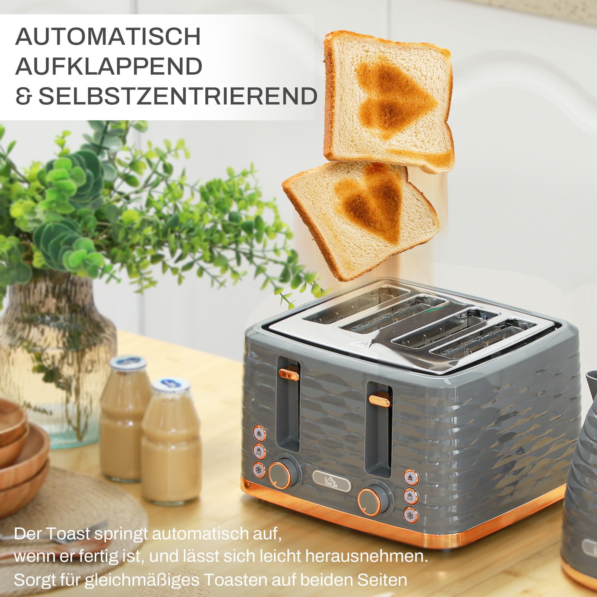HOMCOM Wasserkocher Toaster Set 1,7L 4 Scheiben 2200W 7 Bräunungsstufen Grau