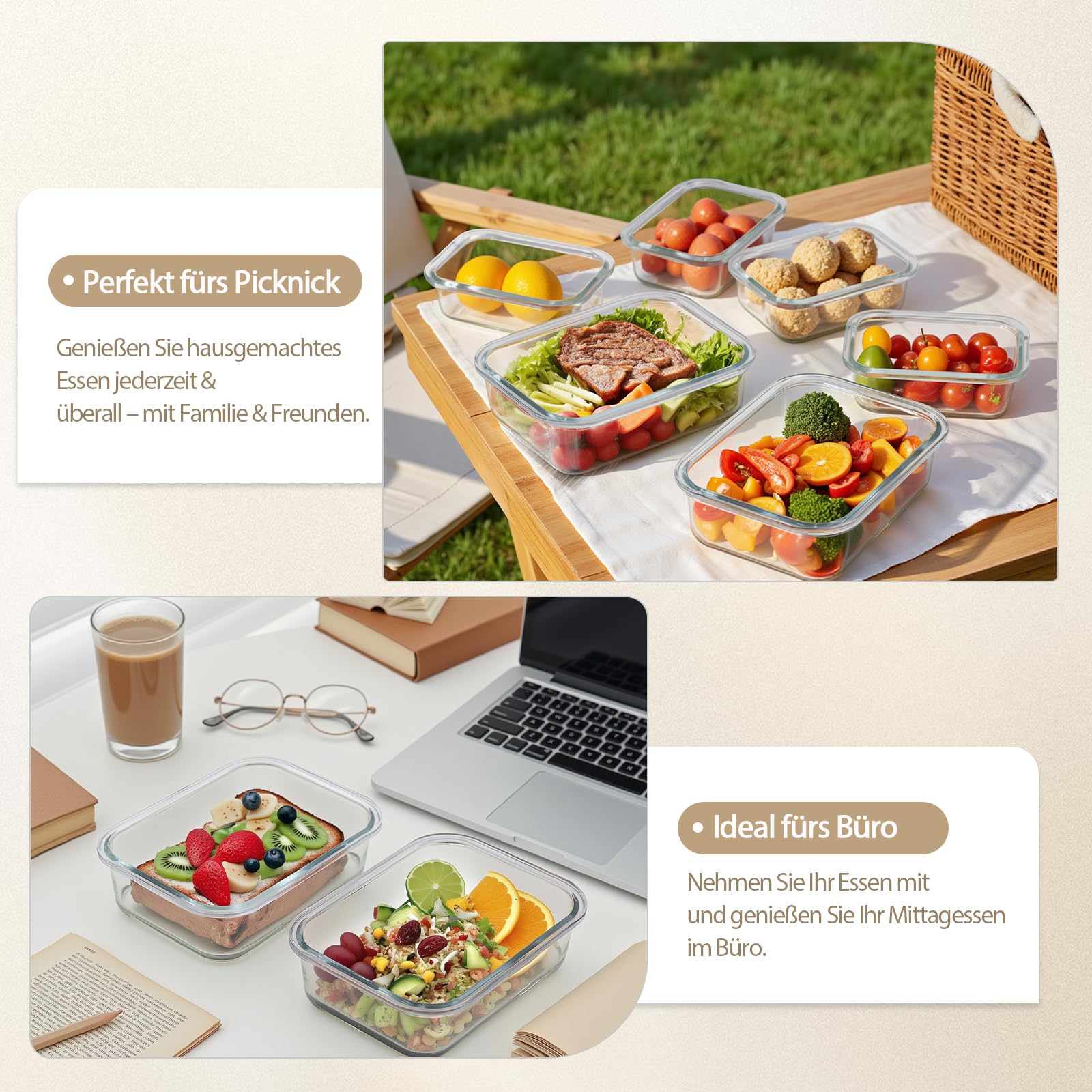 Juego de recipientes de cristal con tapa, 20 piezas (10 recipientes, 10 tapas), aptos para lavavajillas, microondas y congelador, a prueba de fugas, modernos, recipientes para alimentos, recipientes