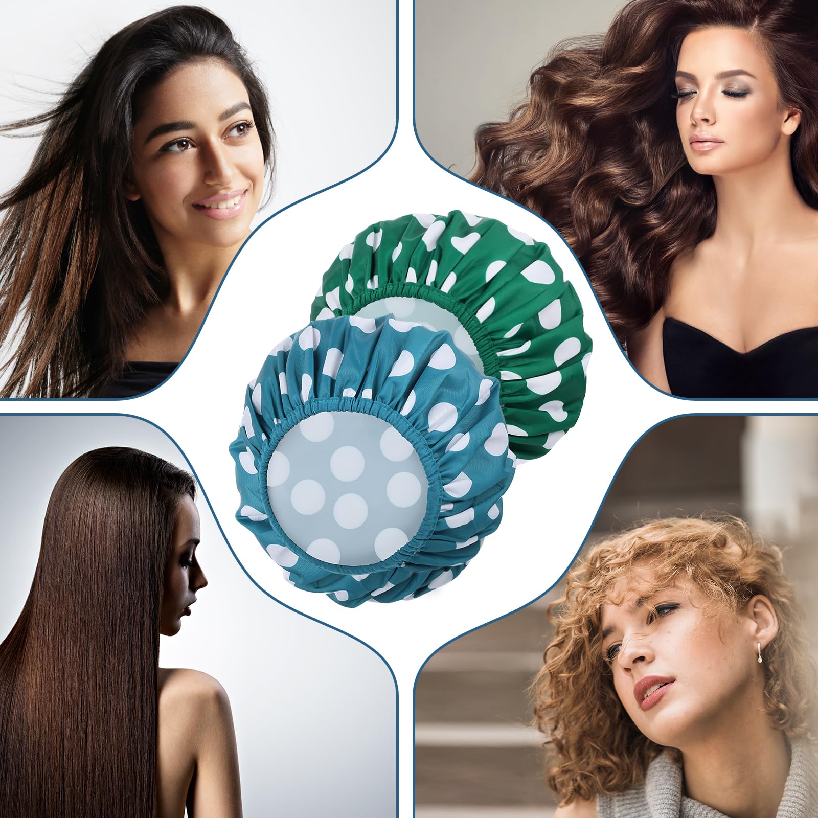 Paquete de 2 gorros de ducha grandes para mujer, reutilizables, impermeables, con coleteros para cabello largo y grueso (azul/verde)