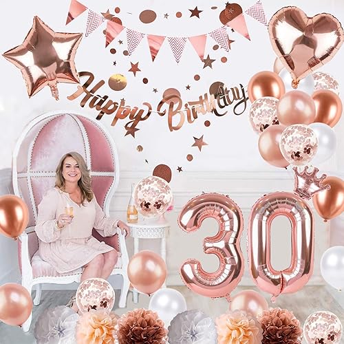 Miniatura 4 de Decoraciones de cumpleaños número 30 para mujer globos de aluminio de cumpleaños número 30 pancarta de cumpleaños número 30 guirnalda de banderines