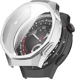 جراب سيليكون مقاوم للخدش والصدمات من تيكنوفت لساعة هواوي GT5 برو 46 ملم مع شاشة حماية كاملة من البولي يوريثين الحراري (فضي، GT5 برو 46 ملم)