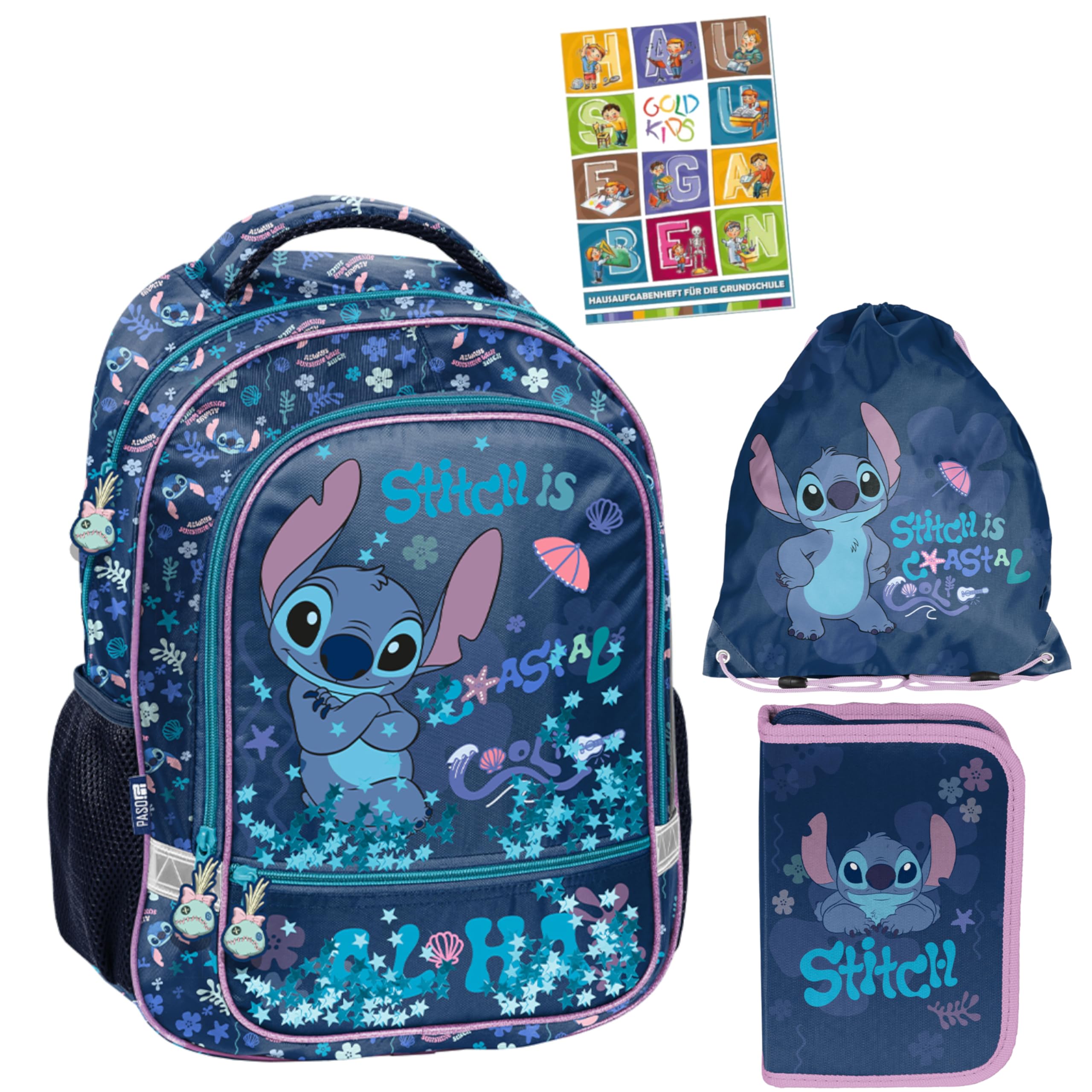 PASO Set di 4 zaini per la scuola per bambini e bambine, con astuccio, astuccio per scarpe e quaderno per i compiti, motivo Stitch, 1-3 elementi