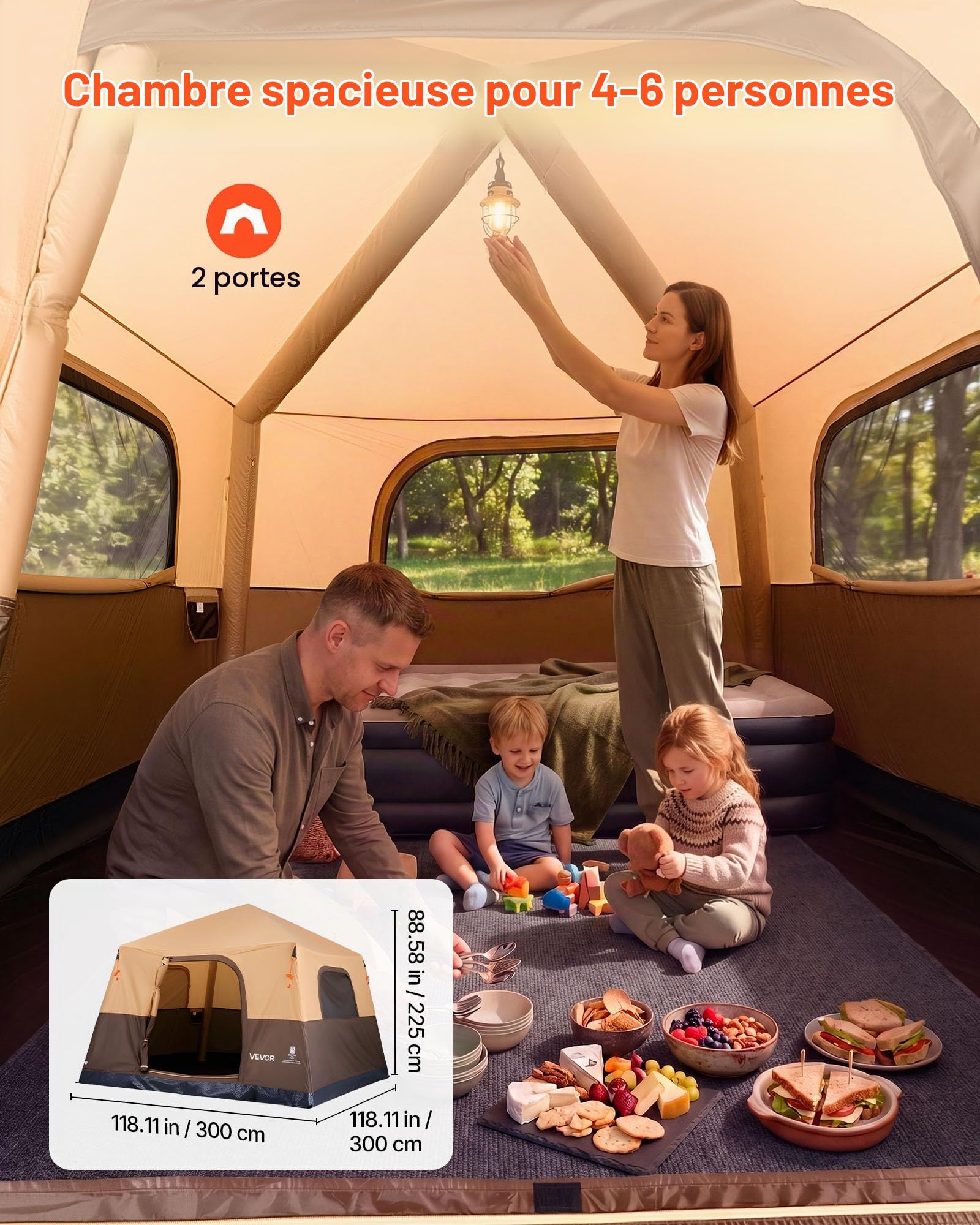 VEVOR Tente Gonflable 6 Personnes Pompe Rechargeable Tente de Camping Beige, pour Randonnée et Pique-niques en Famille, avec Tubes d'Air en TPU, 4 Grandes Fenêtres en Maille, Sac de Transport Portable