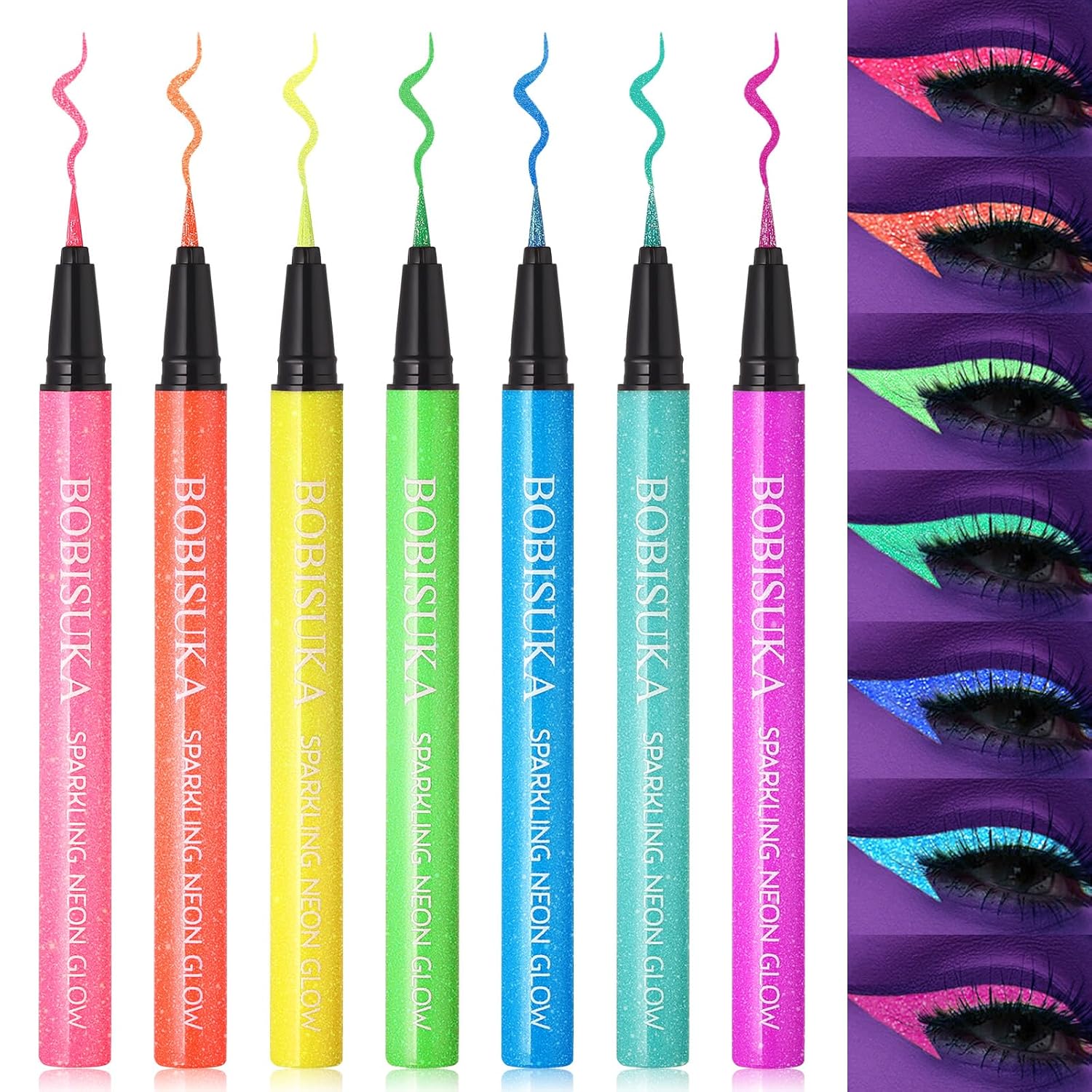 Product image of BOBISUKA 7 Colors Neon Eye Liner: UV Glitter Liquid Eyeliner Pencil - Colorful Waterproof Eyeshadow - Rainbow Smudge-proof Eye Makeup Pen Set For Halloween, Party And Birthday