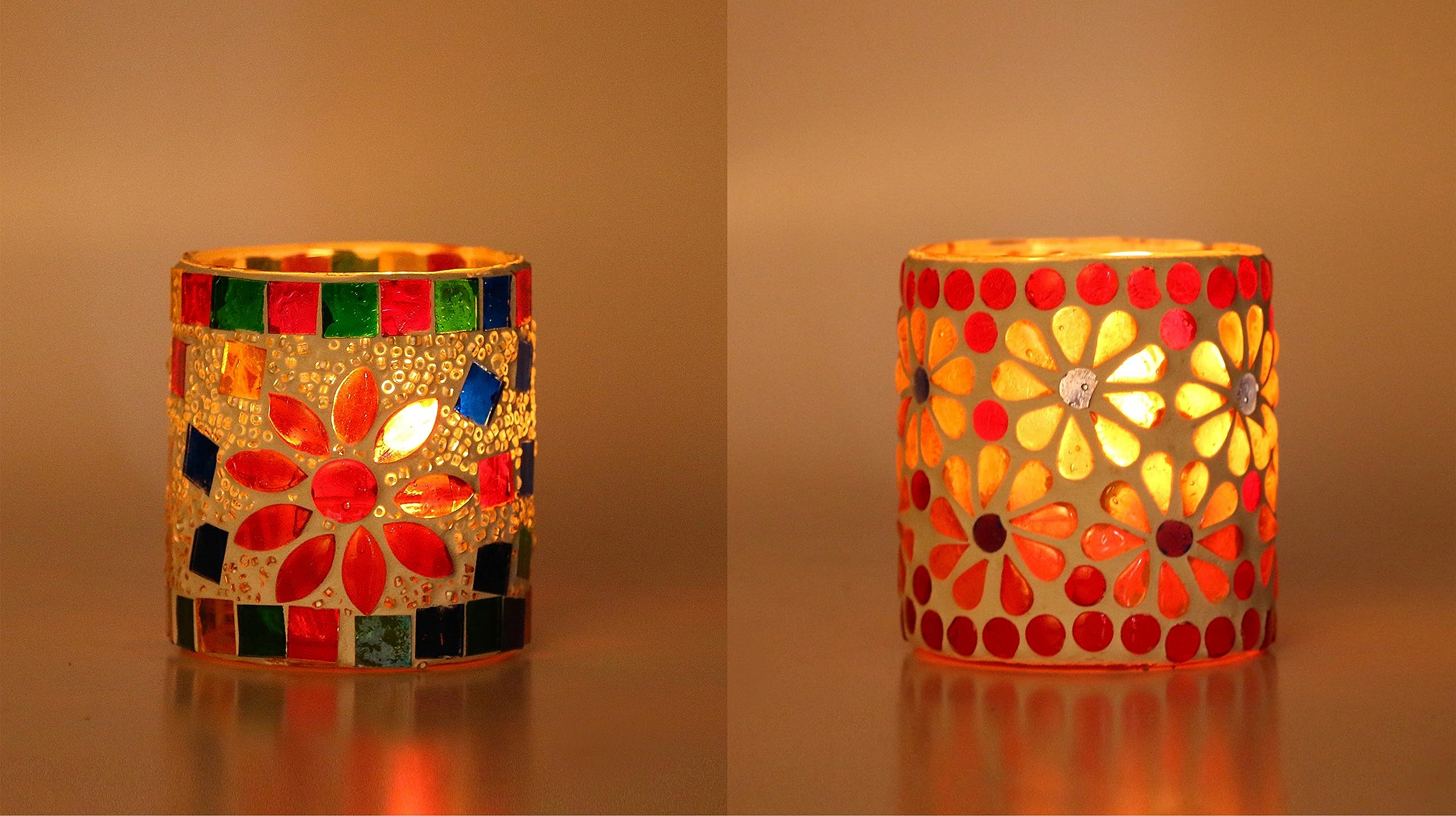 1st Time Candle & Tea Light Holder Decorated with Glass Chips, Colorful Lighting Effects, Pack of 2 Model No- 81 1