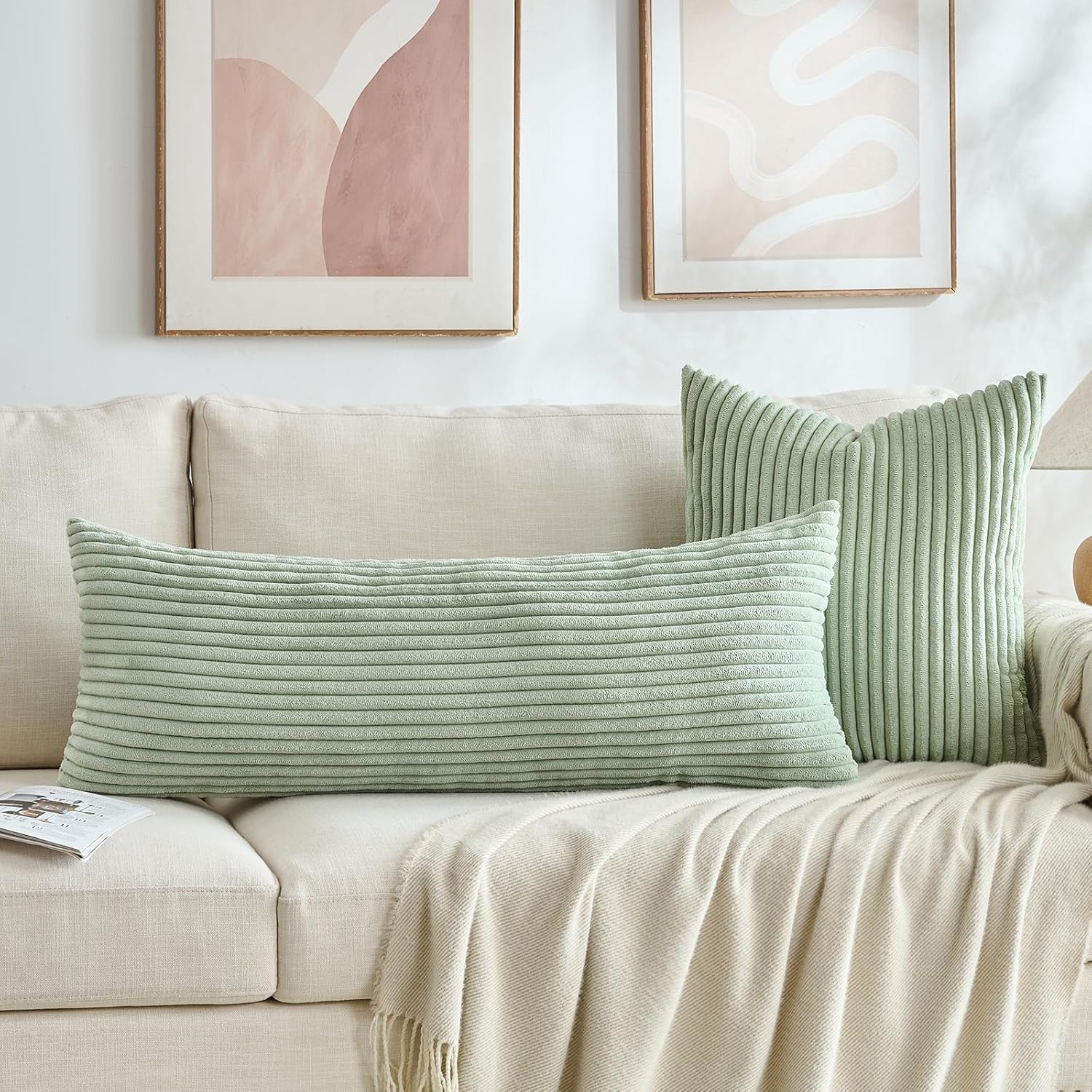 Fancy Homi Set of 2 Sage Green Boho Decorative Throw Pillow Covers 18x18 Inch for Bedroom Couch Bed, Soft Fuzzy Cozy Striped Corduroy Cushion Case 45cm, Bohemian Modern Farmhouse Home Decor - Image 6