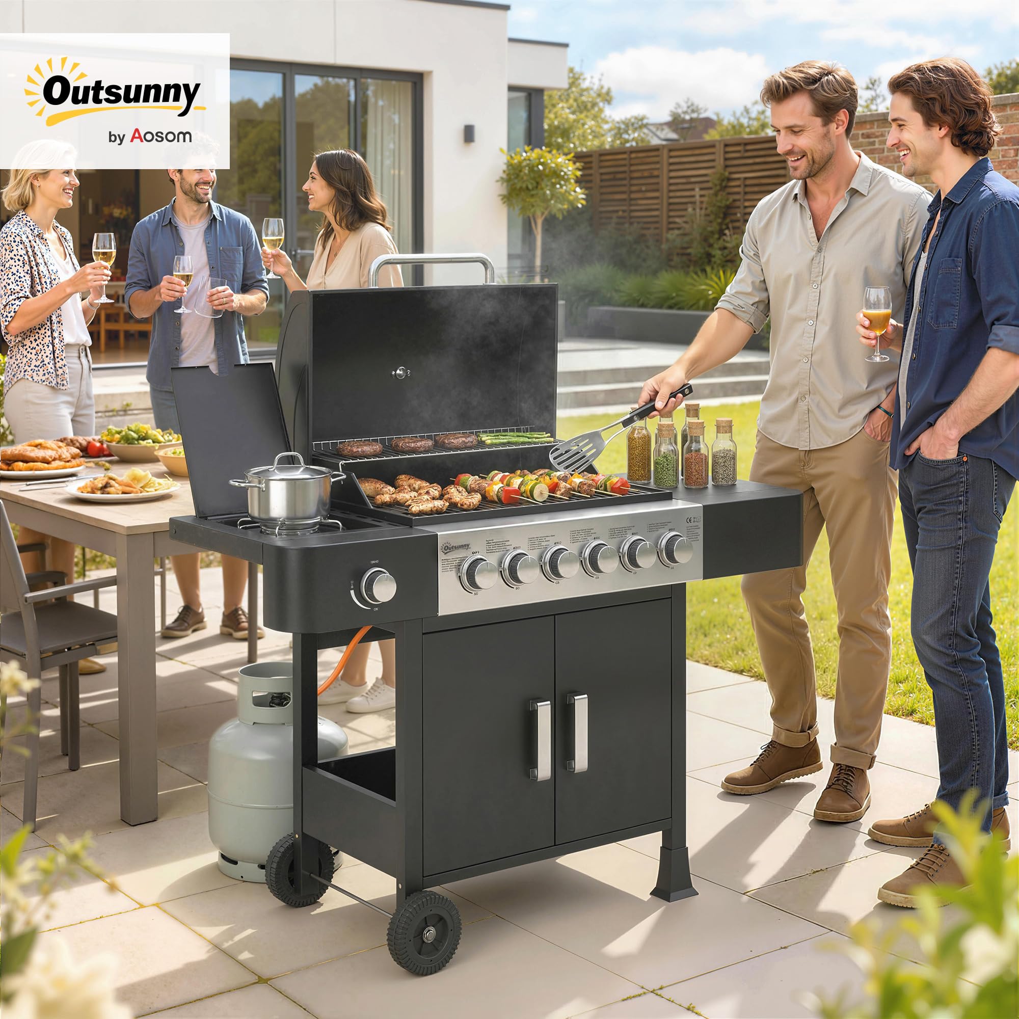 Outsunny Barbecue à gaz 6+1 brûleurs chariot portable avec roues, grille de maintien au chaud, thermomètre intégré, étagères latérales, placard et couvercle Noir