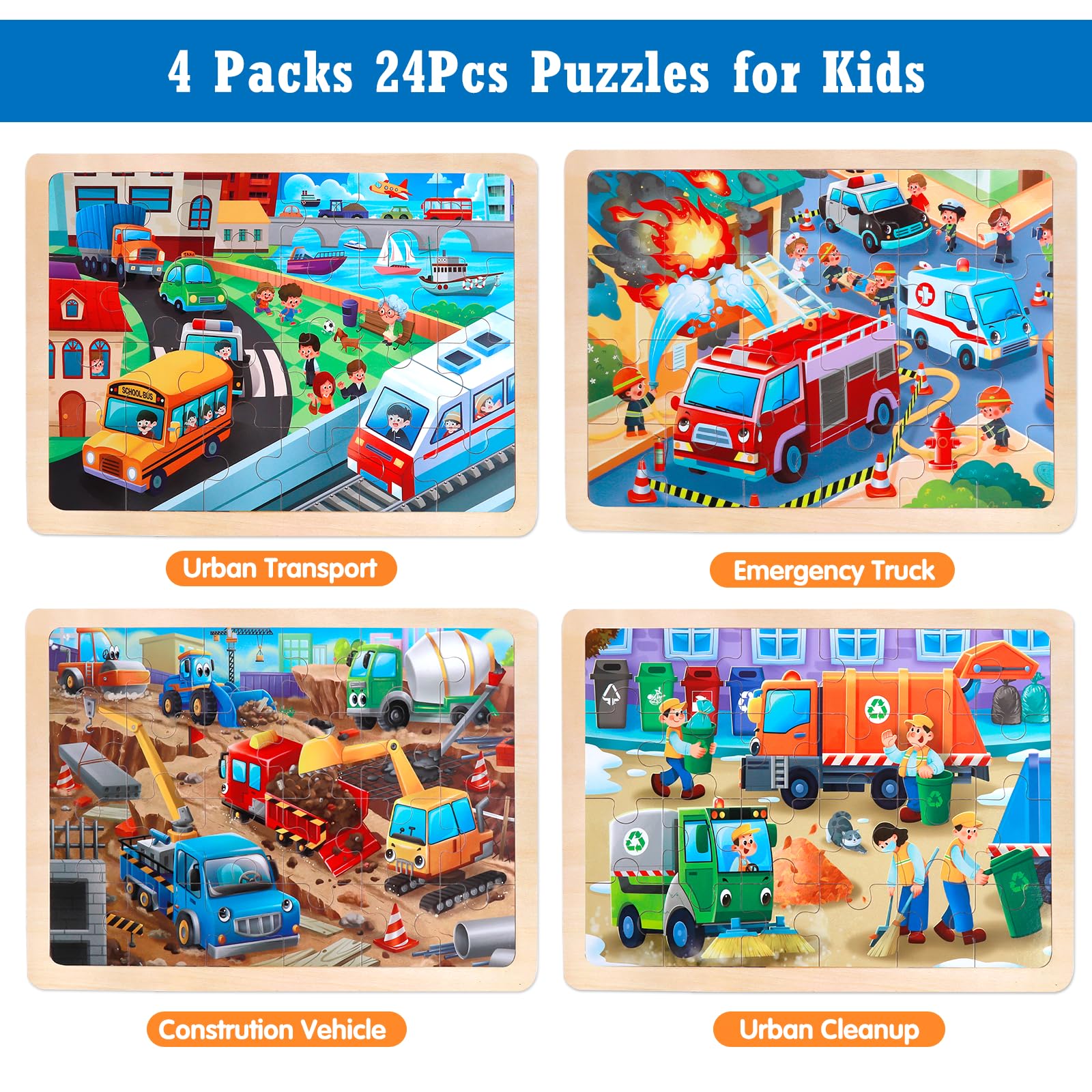 Juego de 4 Puzzle de Madera para Niños, Rompecabezas de 24 Piezas, Puzzle Juego de Coches de Juguete, Juguete Educativo para Infantiles de 3 4 5 6 años, Juguete de Regalo para Niña Niño