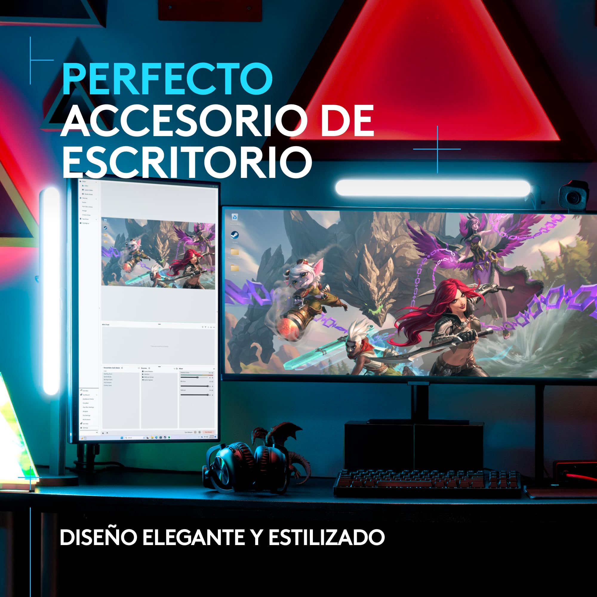 Logitech G Litra Beam, luz LED principal premium para gaming | TrueSoft, soporte de escritorio ajustable, ajuste brillo/temperatura color, control aplicación escritorio, PC/Mac - Grafito